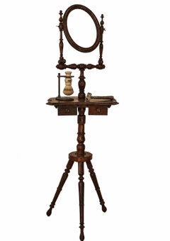 A Victorian Hand Crafted Oak Shaving Stand With An Oval Mirror on Turned Legs
