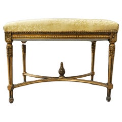 Antique French Gilt Wood Window Seat With Gilt Carved Floral Motifs, With Damask Silk 
