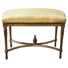 Antique French Gilt Wood Window Seat With Carved Floral Motifs & Damask Silk