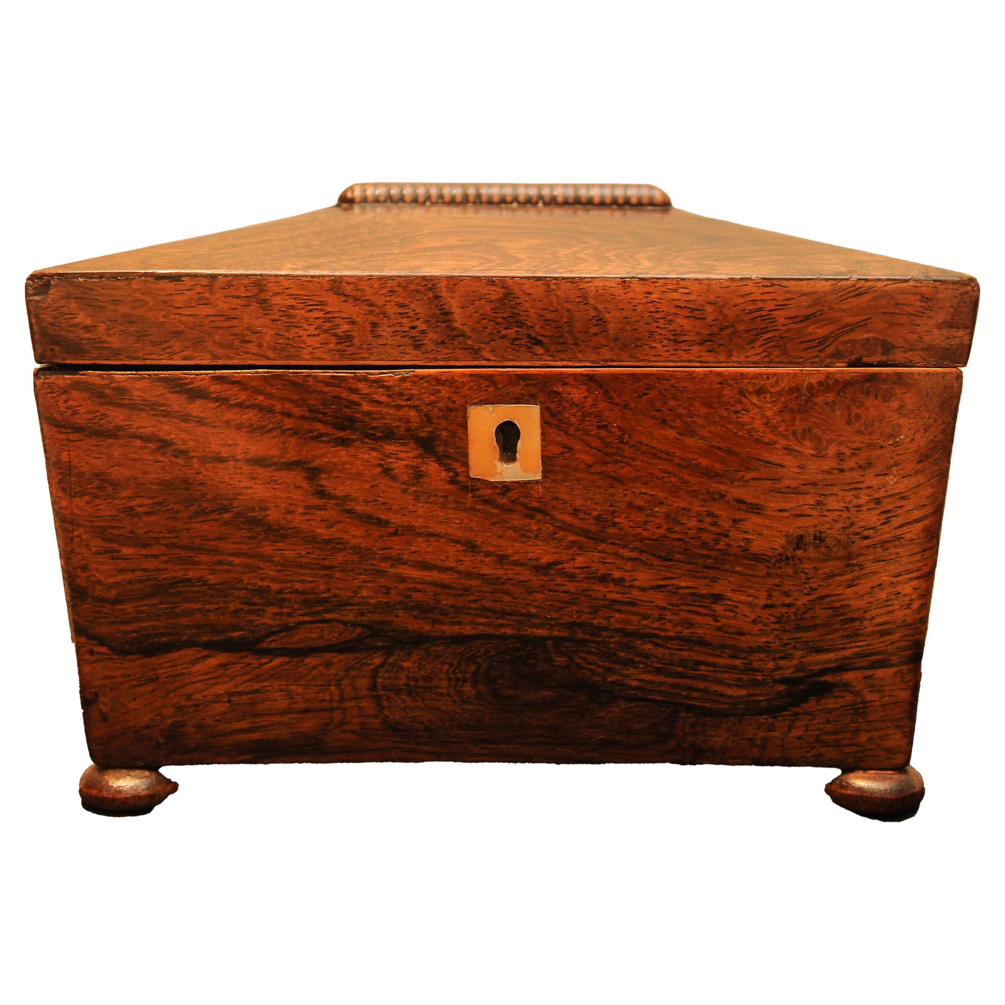 A Sarcophagus Shaped Regency Rosewood Tea Caddy With Separate Tea Compartments For Sale