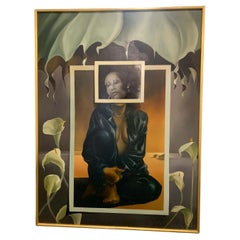 Opera d'arte surrealista olio su tela dell'artista britannico John Voss "Gigli" 1987