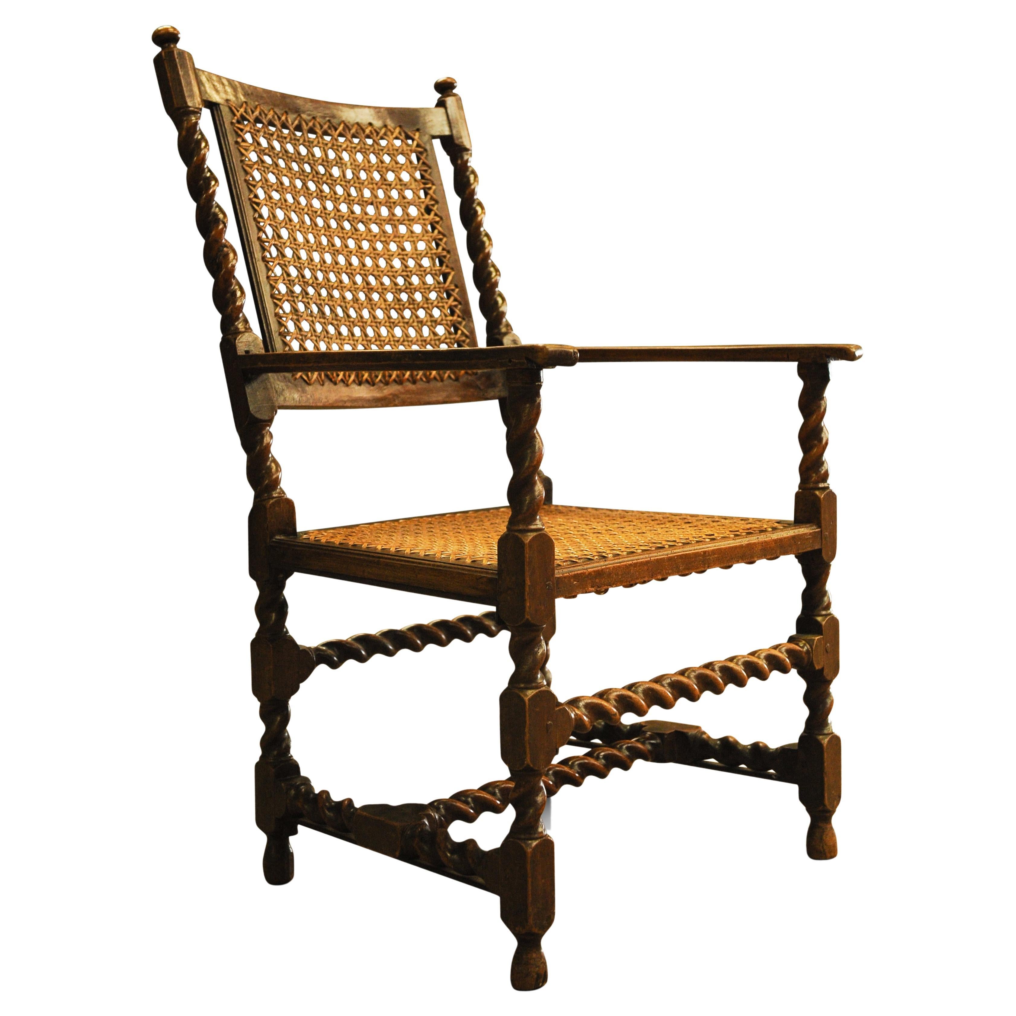 Antique Walnut Barley Twist Library Armchair with Cane Seat & Rear 1850s