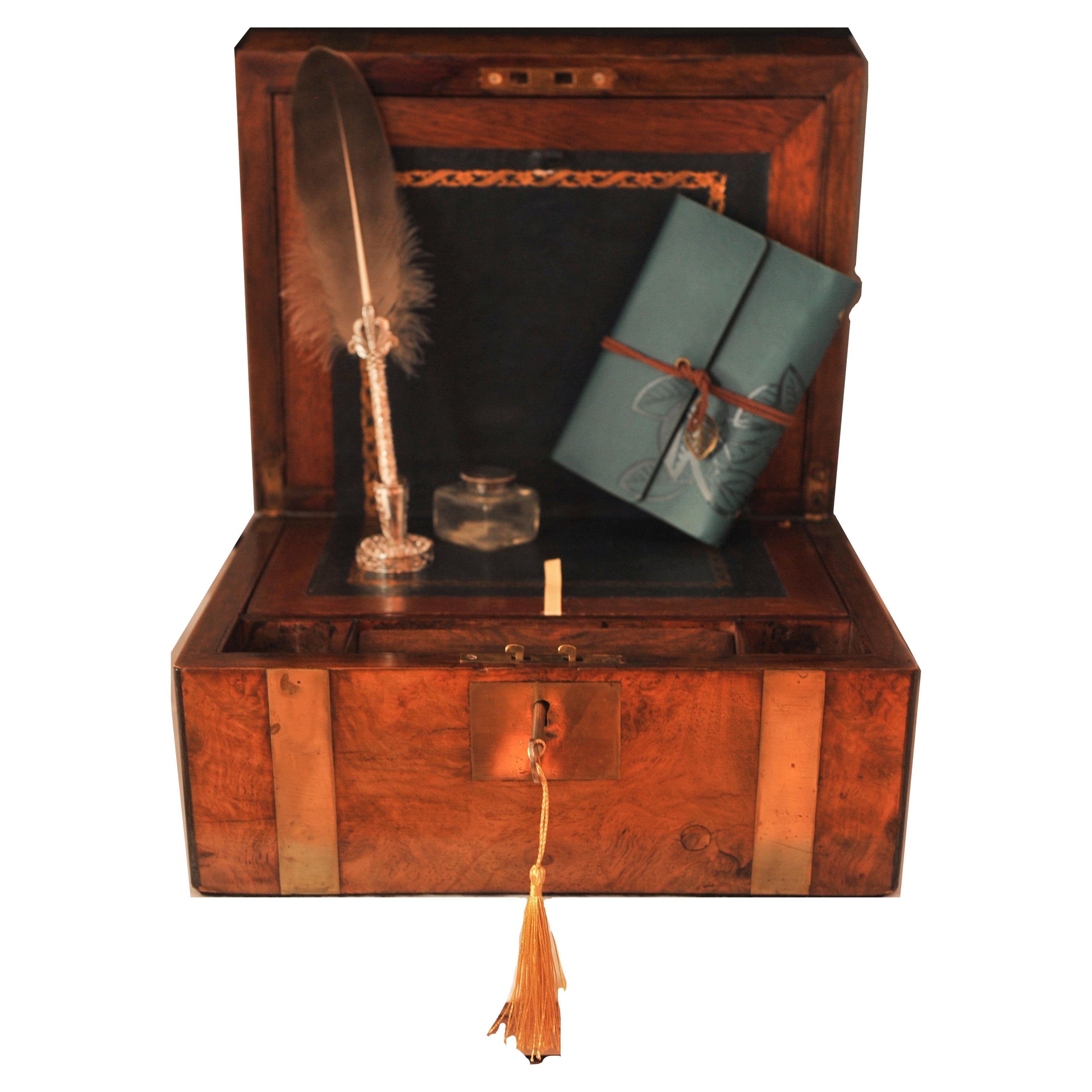 Military Campaign Burr Walnut & Brass Bound Writing Slope With Leather Interior For Sale