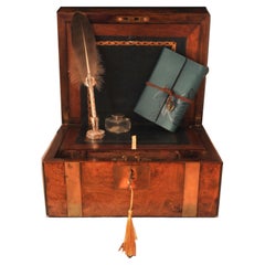 Military Campaign Burr Walnut & Brass Bound Writing Slope With Leather Interior