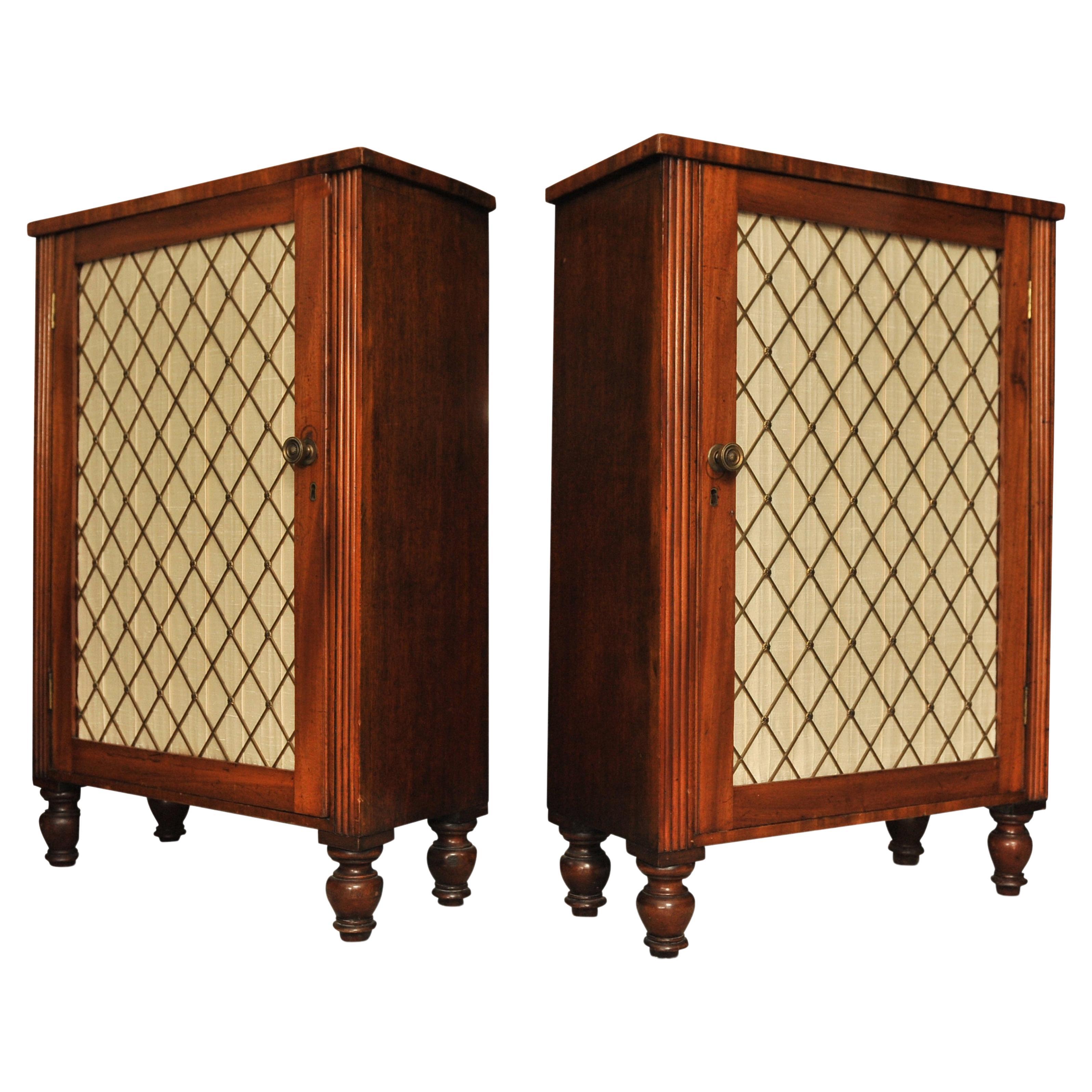 Rare Pair of Regency Period Mahogany Side Cabinets with Brass Lattice Fronts For Sale