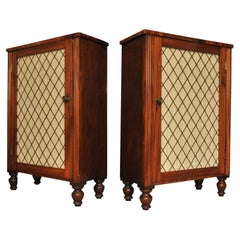 Antique Rare Pair of Regency Period Mahogany Side Cabinets with Brass Lattice Fronts