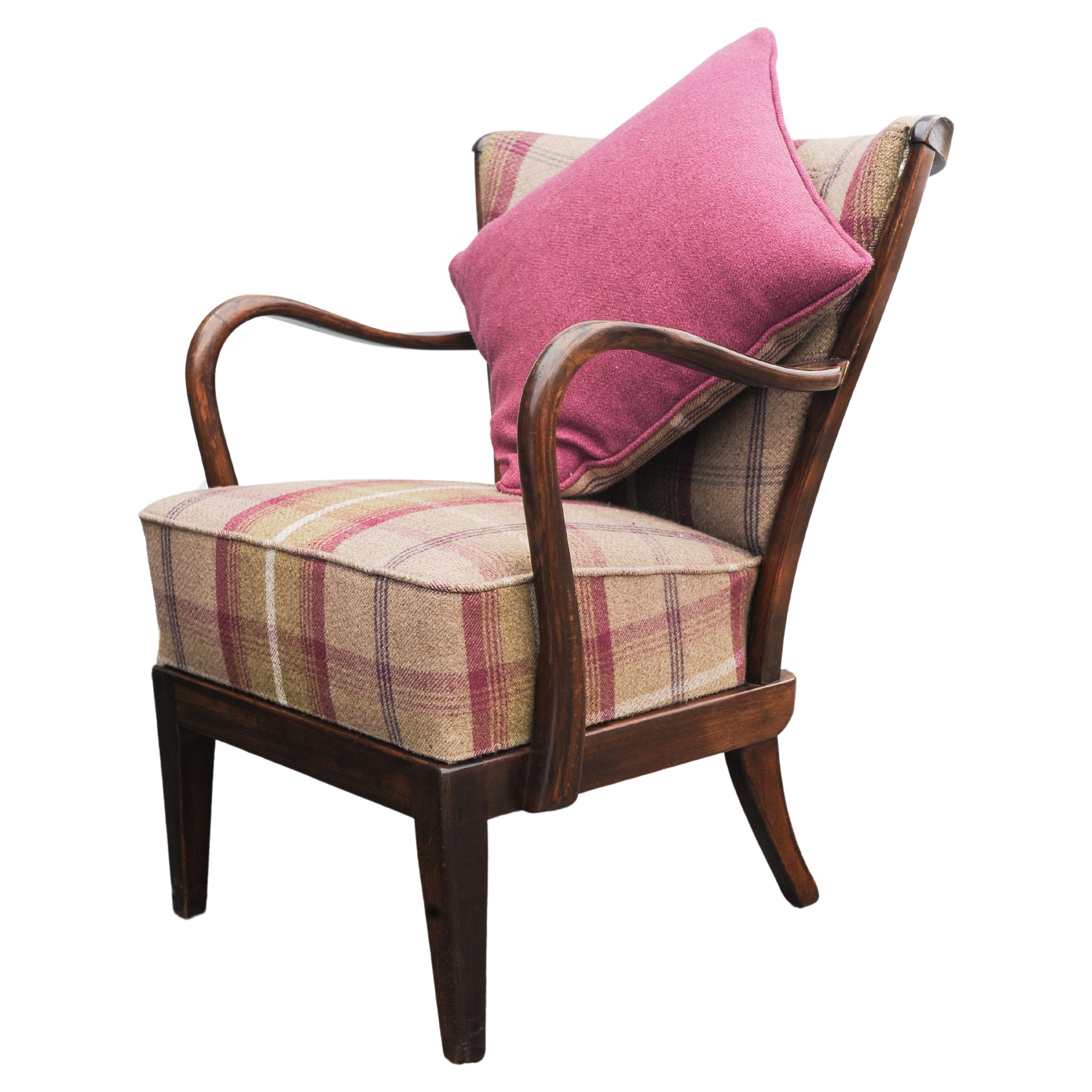 1940's Fritz Hansen Art Deco Oak Bentwood Armchair with Wool Plaid Upholstery  For Sale