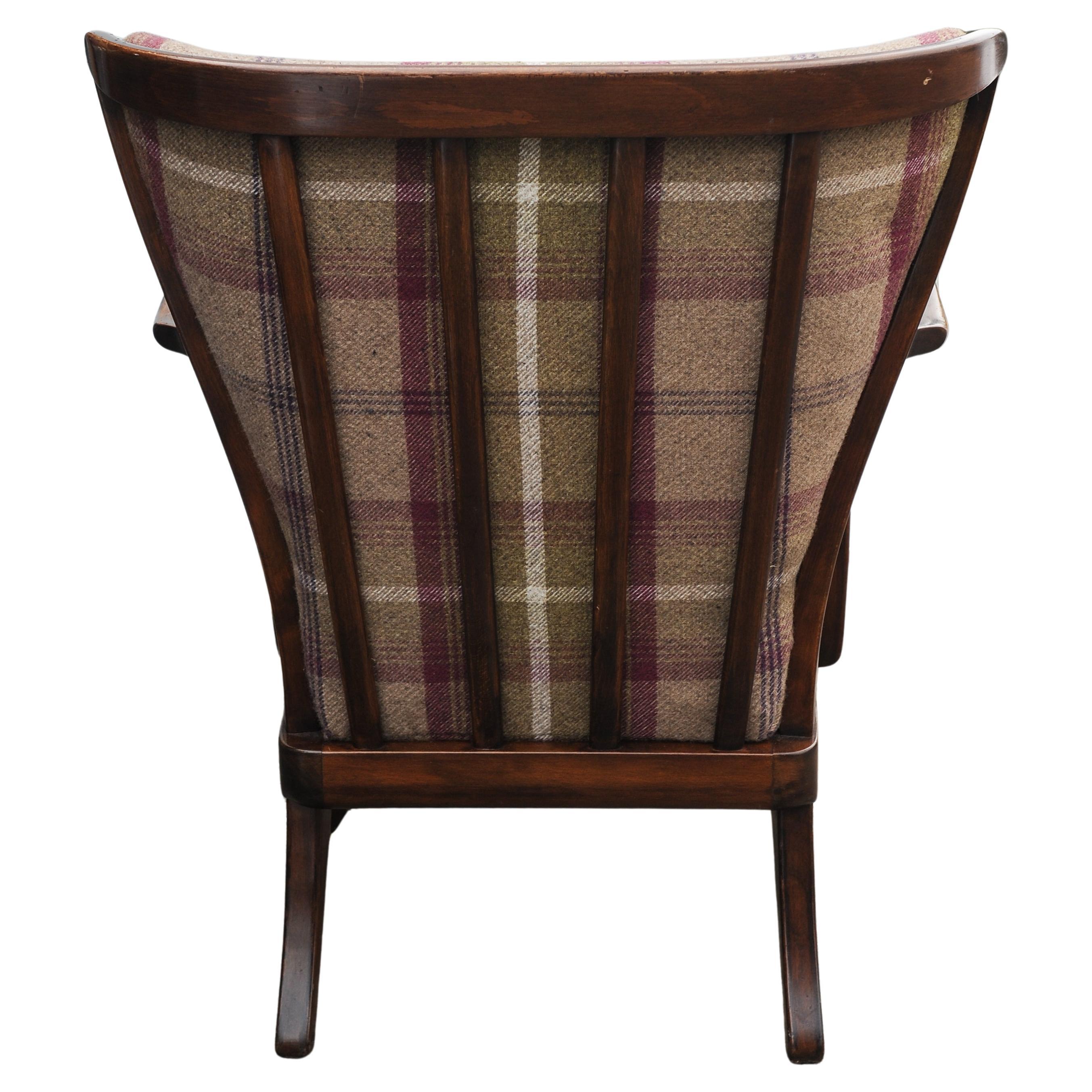 1940's Fritz Hansen Art Deco Oak Bentwood Armchair with Wool Plaid Upholstery  In Good Condition For Sale In High Wycombe, GB
