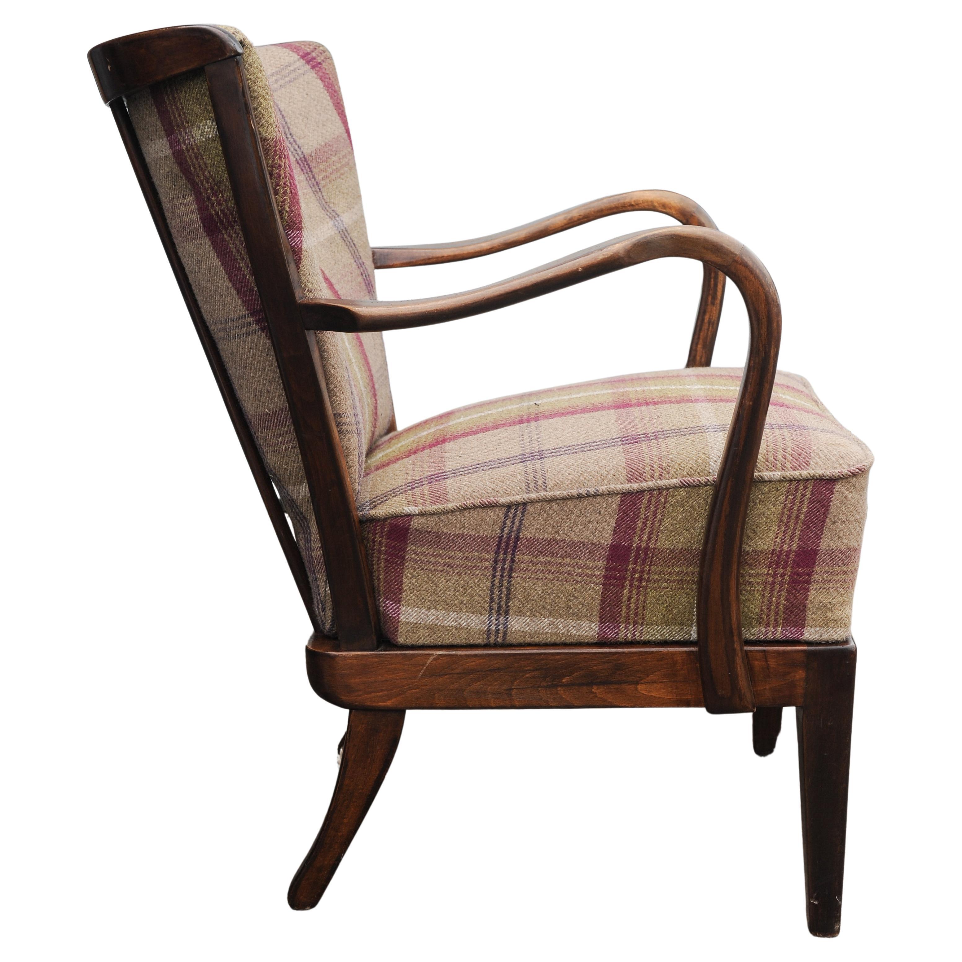 20th Century 1940's Fritz Hansen Art Deco Oak Bentwood Armchair with Wool Plaid Upholstery  For Sale