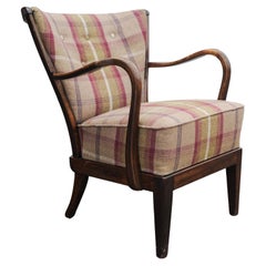 1940 Sillón danés Fritz Hansen Art Decó de madera curvada Tapizado a cuadros de lana