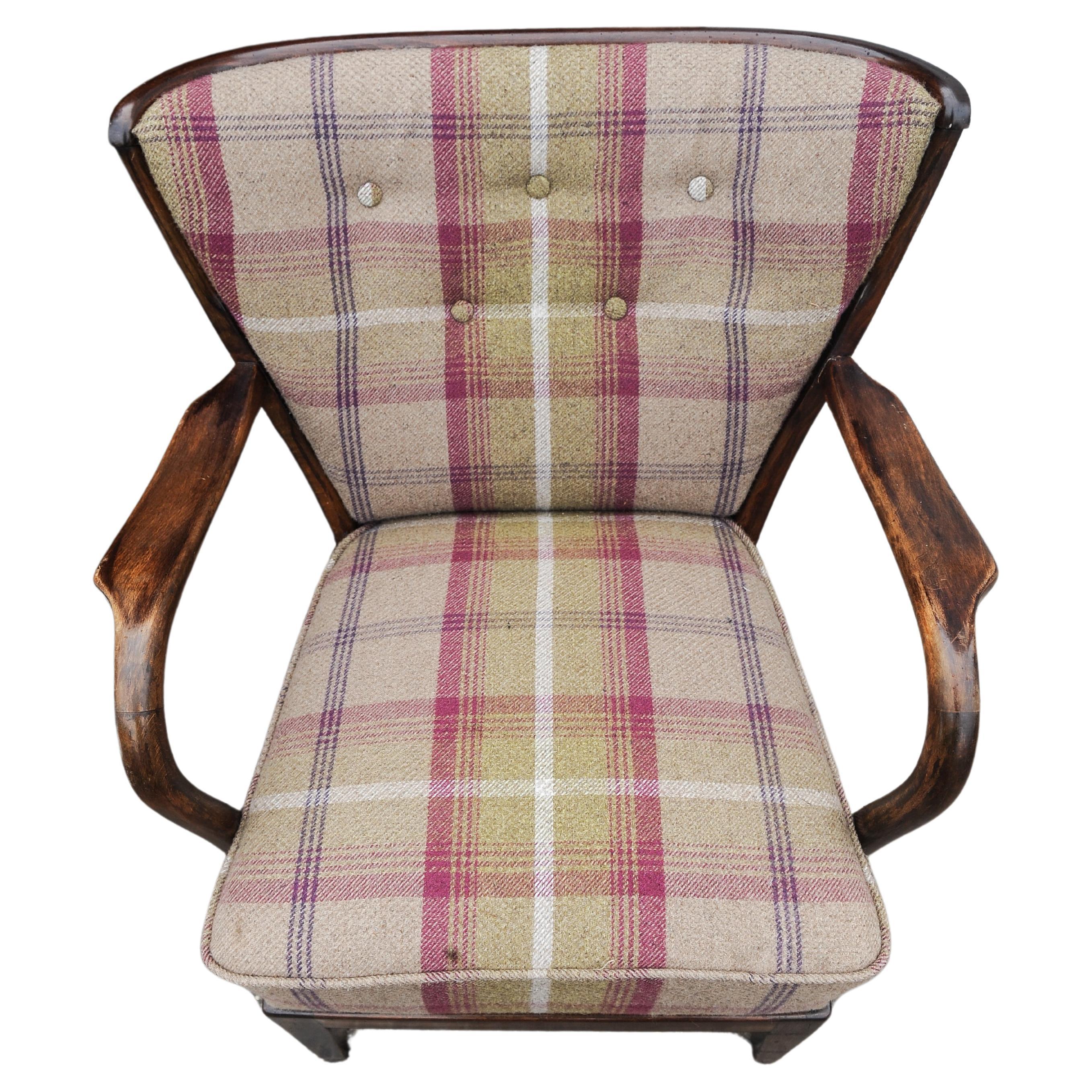 Mid-Century Modern 1940's Fritz Hansen Art Deco Oak Bentwood Armchair with Wool Plaid Upholstery  For Sale