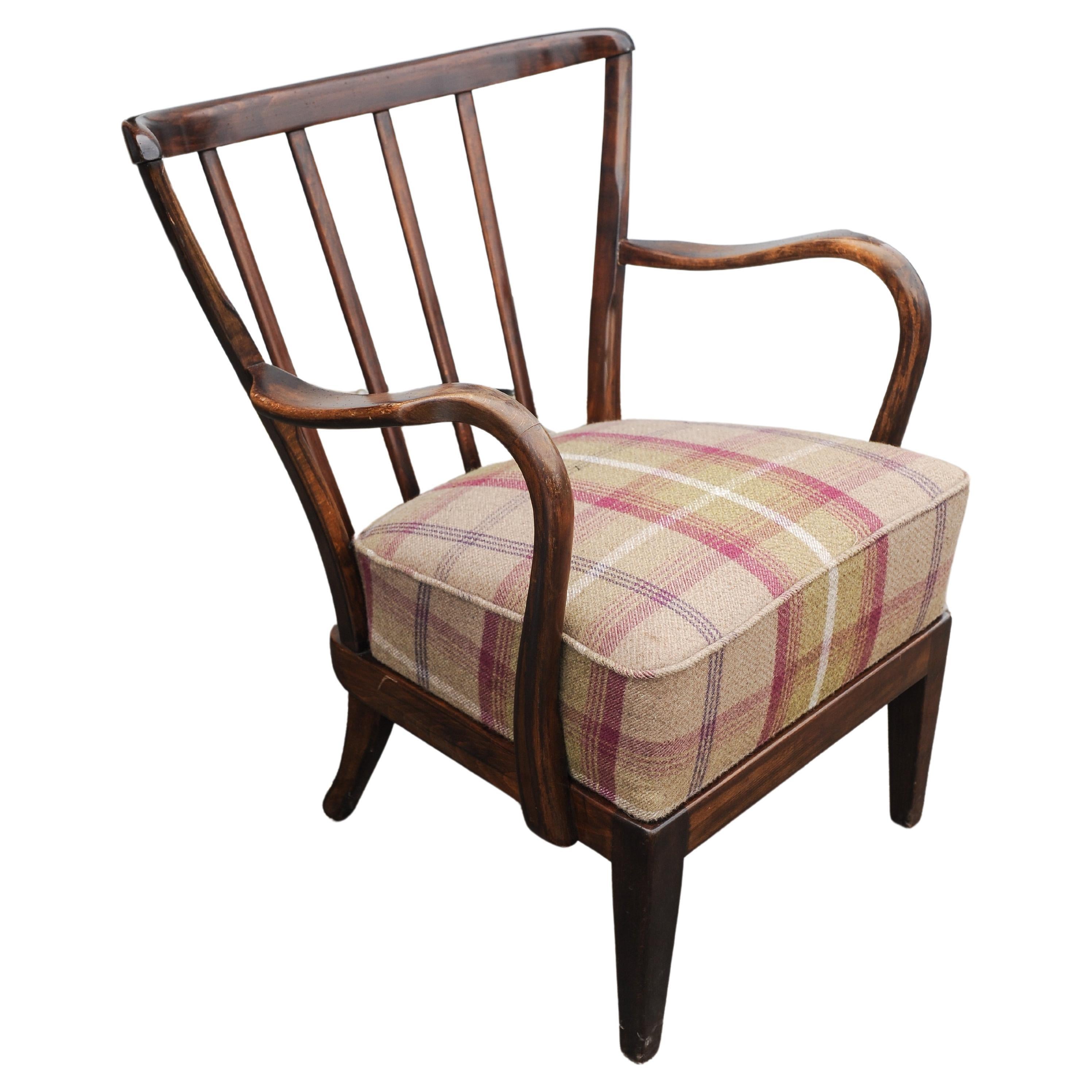Stained 1940's Fritz Hansen Art Deco Oak Bentwood Armchair with Wool Plaid Upholstery  For Sale