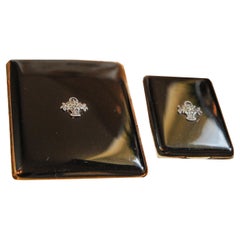 Art Deco Black Lacquer & Marcasite Cigarette Case & Matching Matchstick Case 