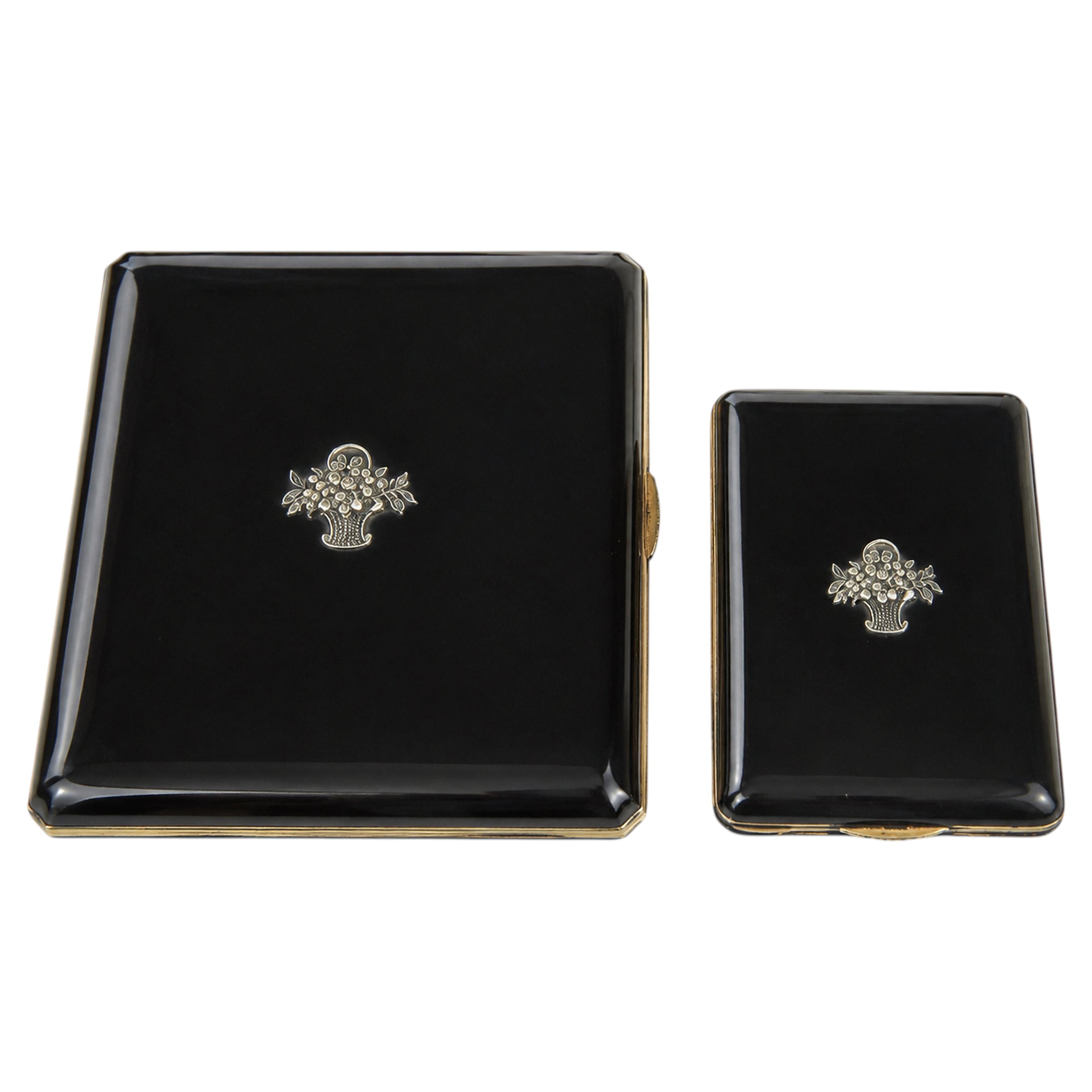 Étui à cigarettes Art déco en laque noire et Marcasite et coffret assorti