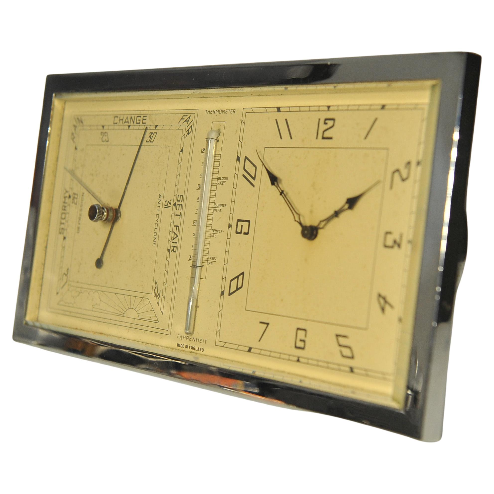 A Large Art Deco ABEC Chrome 8 Day Working Desk Clock With Temperature Gauge On A Fold-Out Stand. 

With bevelled glass giving way to the painted dial with Roman numerals. 
Beautiful art deco type face.

Eight day English movement with integral