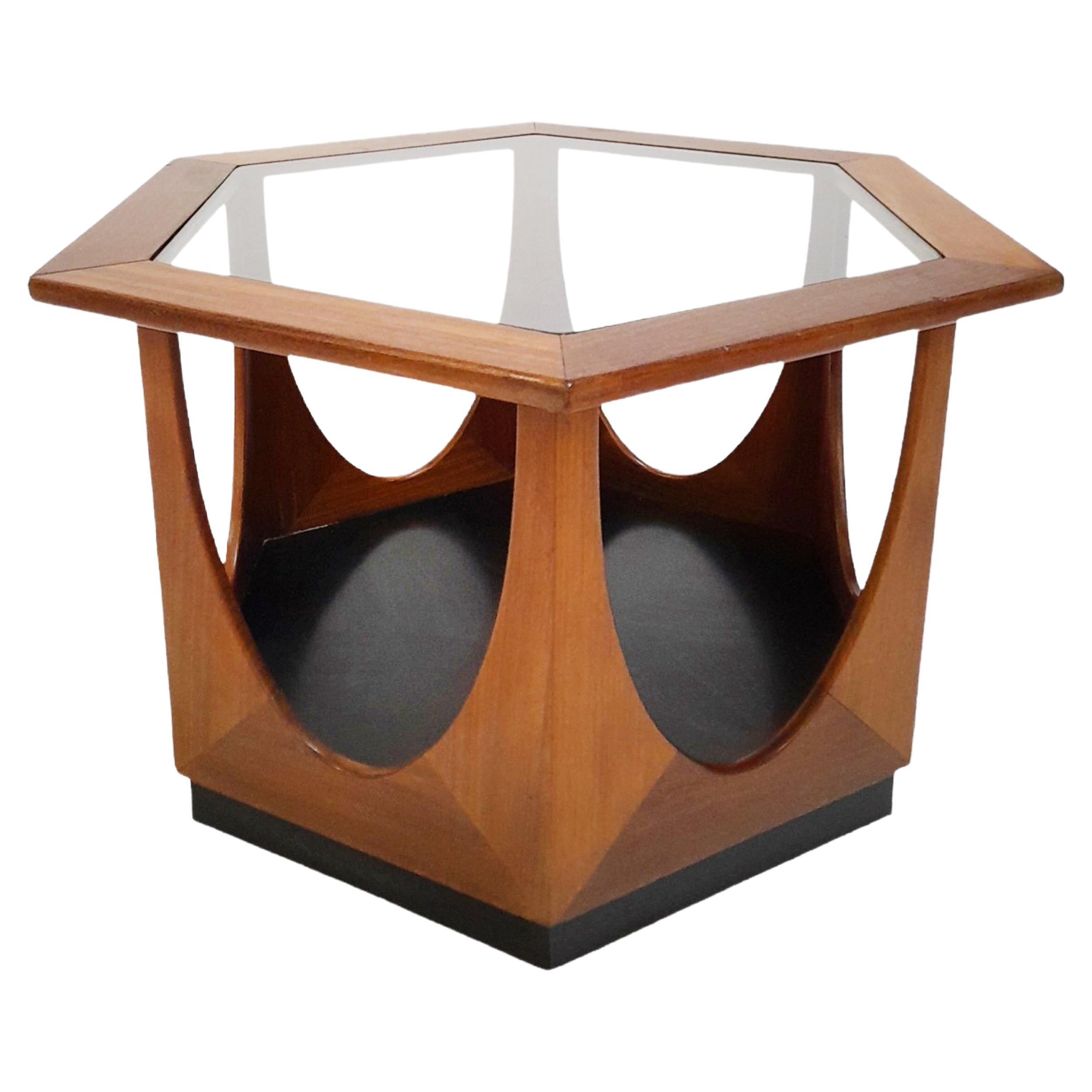 Mid Century Teak Clear Glazed Hexagonal Coffee Table With Black Plinth Base For Sale