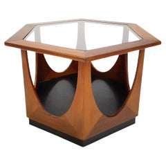Mid Century Teak Glazed Hexagonal Coffee Side Table With Ebonised Plinth Base