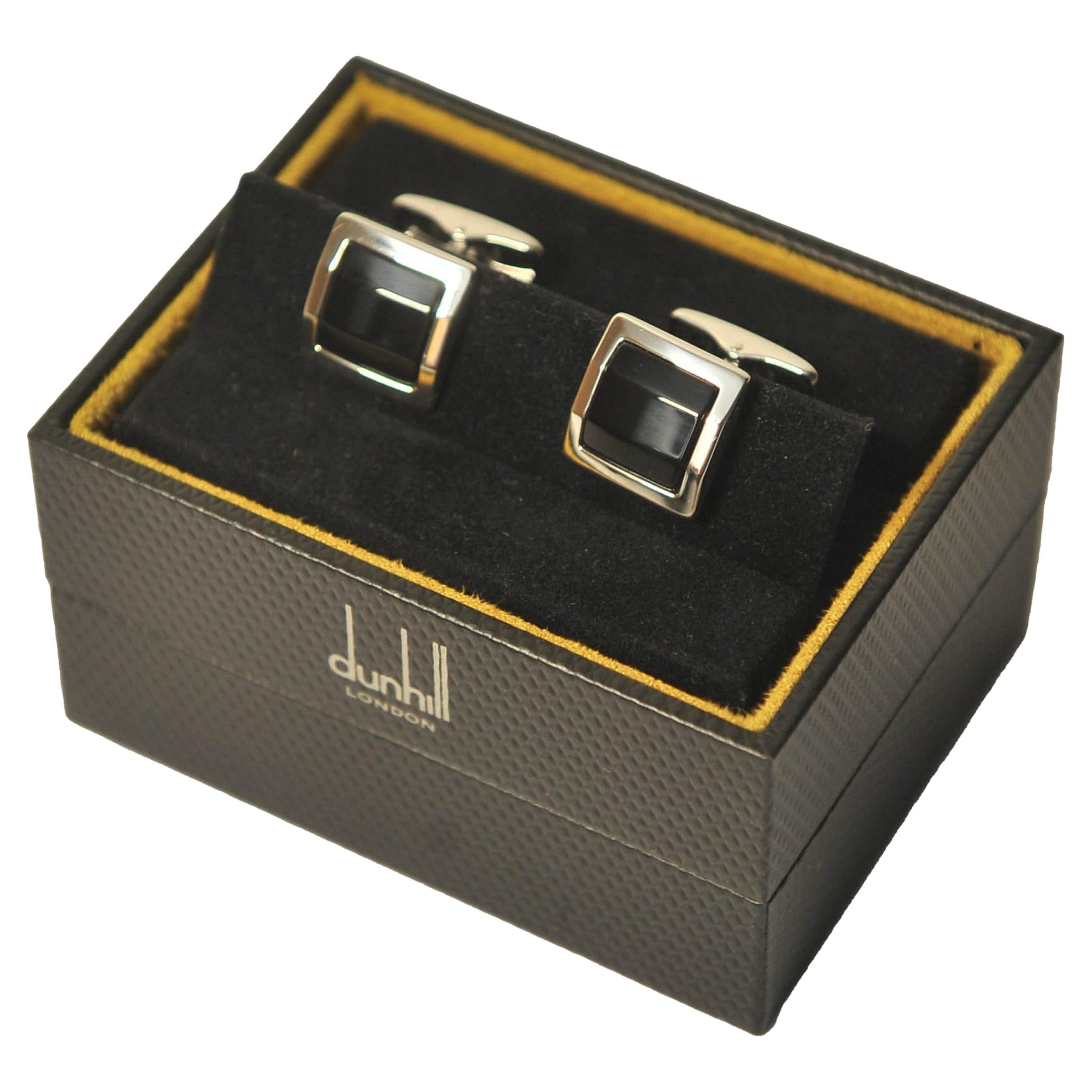 Dunhill of London Manschettenknöpfe aus Sterlingsilber und Onyx in Original Dunhill Box  im Angebot