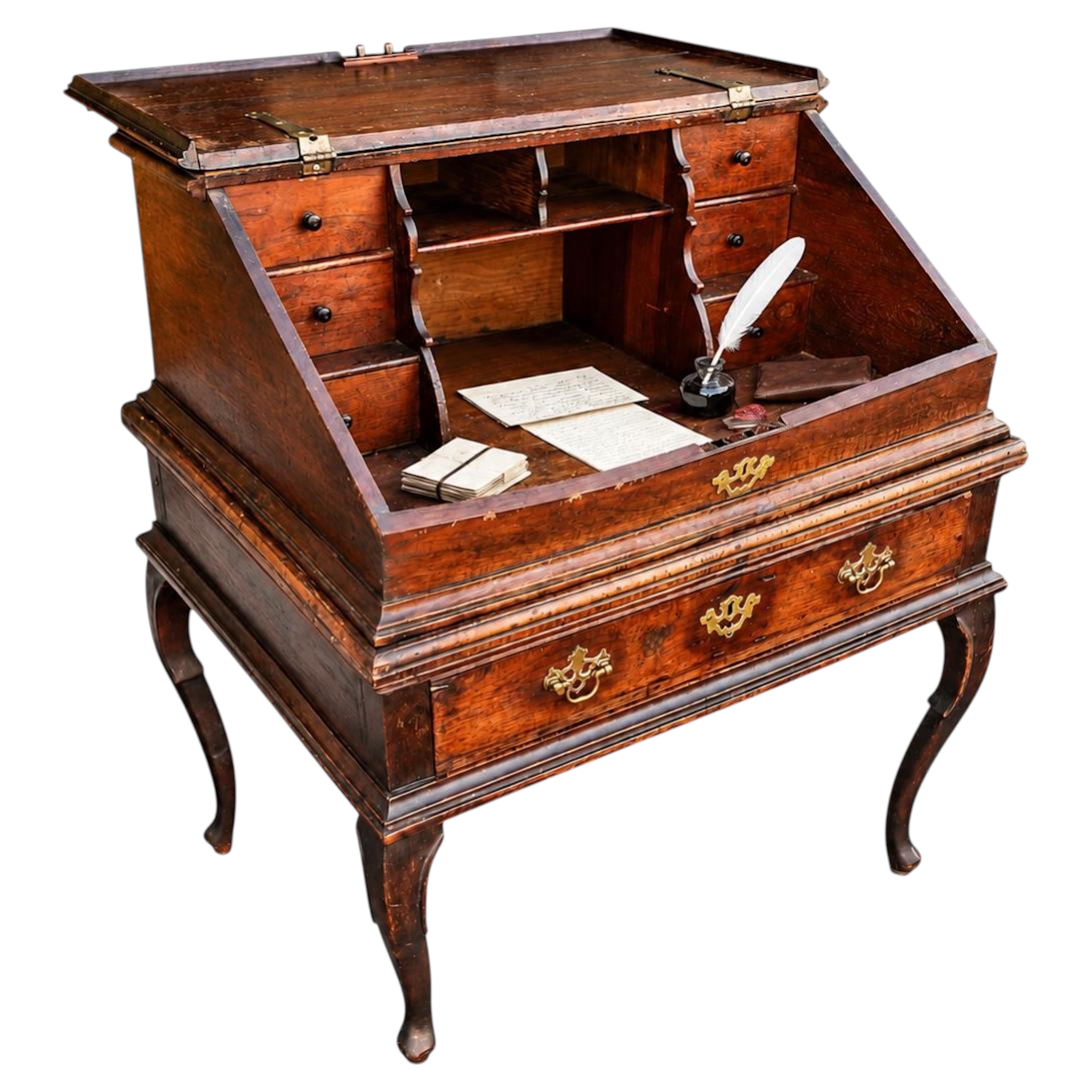 English Antique 18th Century Georgian Bureau Desk on Stand With Fitted Interior.