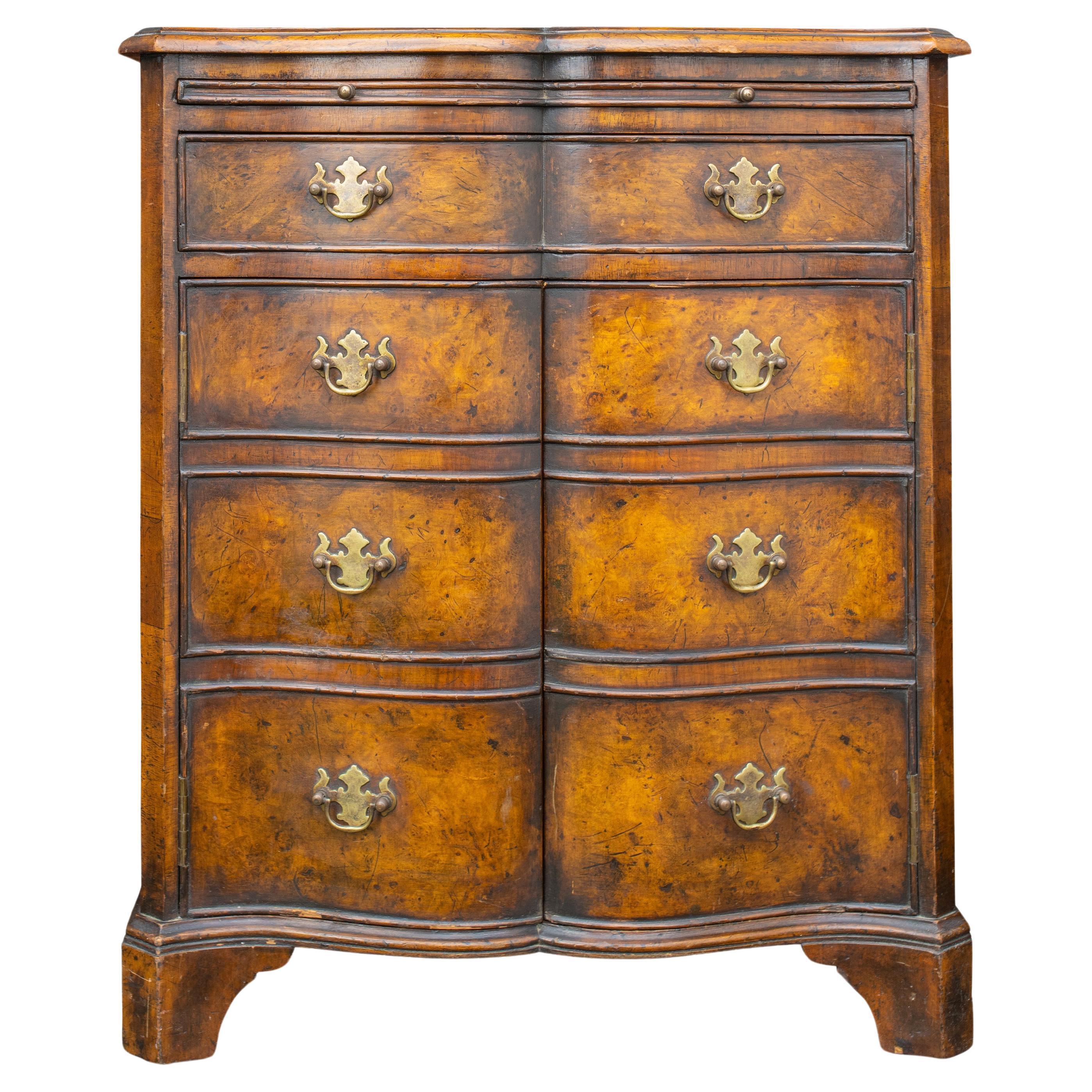 Burr Walnut Reverse Serpentine Batchelor's Drinks Cabinet With Single Drawer For Sale
