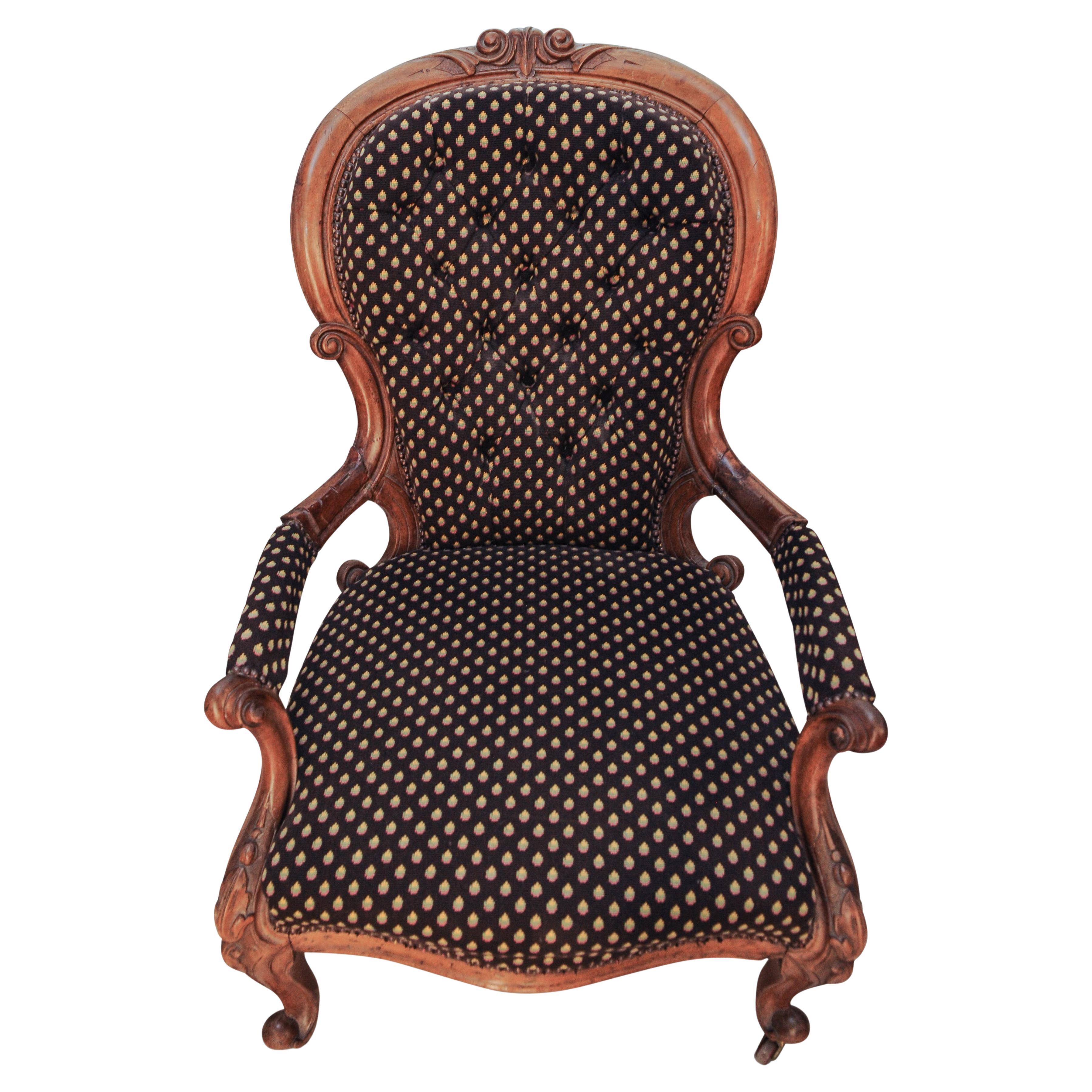 Victorian Walnut Open Armchair With Serpentine Seat On Scroll Supports & Castors