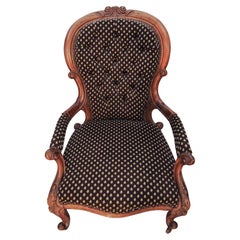 Victorian Walnut Open Armchair With Serpentine Seat On Scroll Supports & Castors