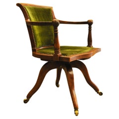 Antique Victorian Velvet Swivel Desk Chair Brass Castors by Jas Shoolbred & Co London