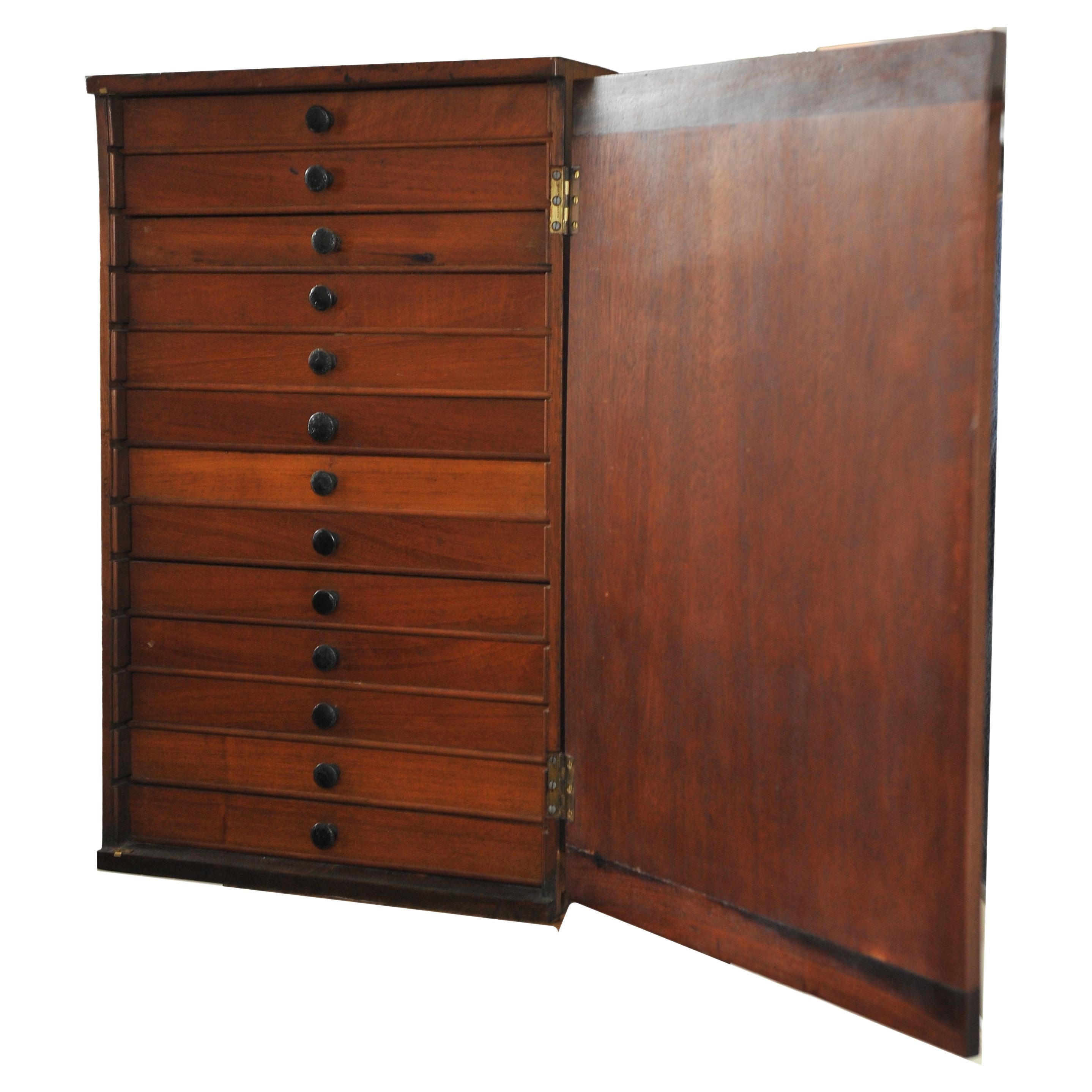 Victorian Collectors Cabinet With Thirteen Fitted Drawers & Ebonised Handles 
of rectangular form with a single panelled door opening to reveal 13 drawers, English, circa 1850.