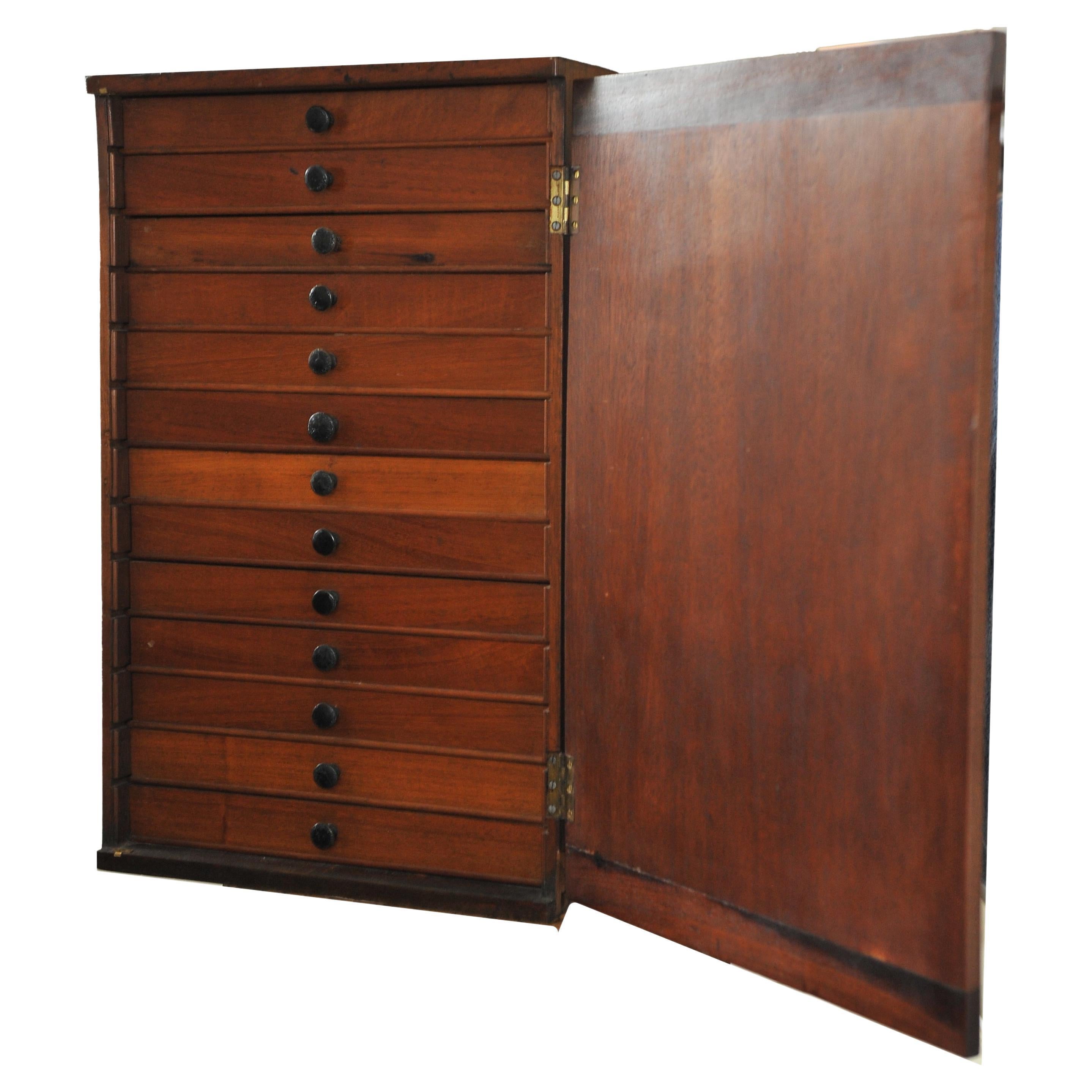 Armario Victoriano De Coleccionistas Con Trece Cajones Encajados Y Tiradores Ebonizados 
de forma rectangular con una puerta de un solo panel que se abre para revelar 13 cajones, inglés, hacia 1850.