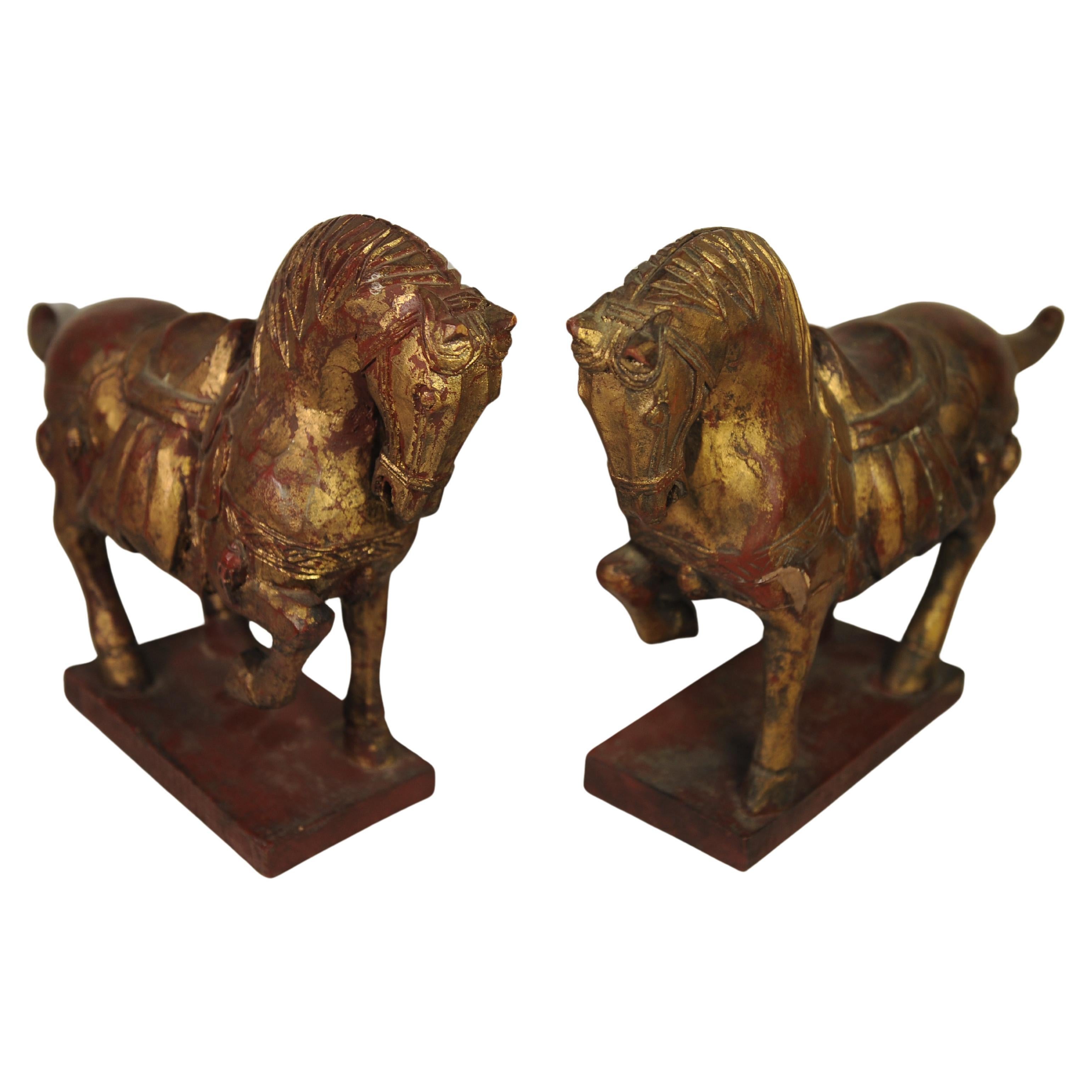 Gilt A Vibrant Pair of Tang Dynasty Style Hand Painted & Hand Carved Chinese Horses For Sale