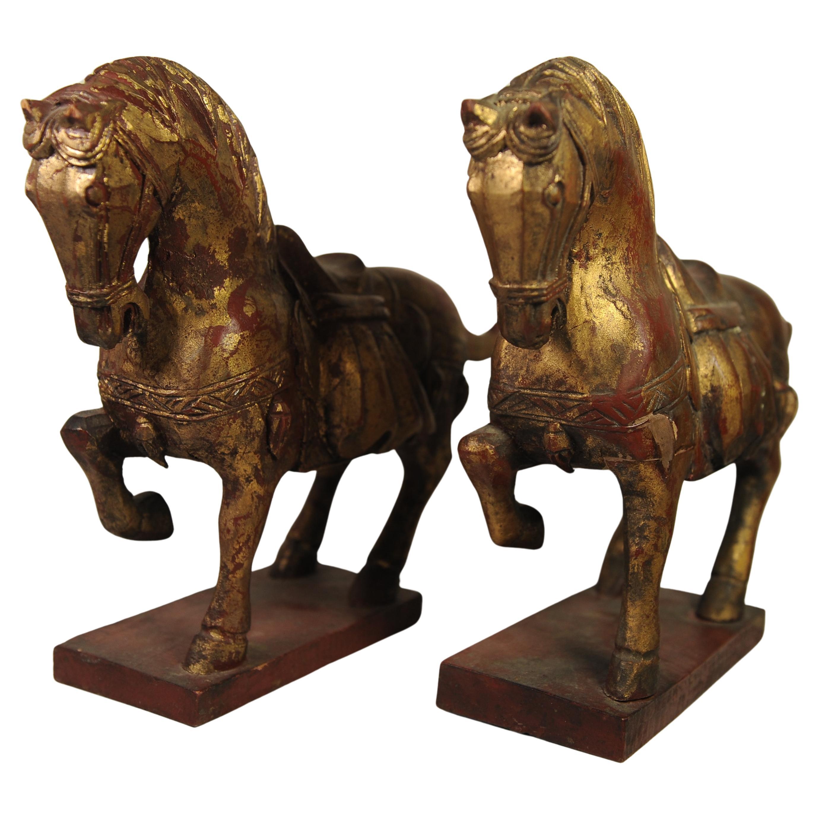 Wood A Vibrant Pair of Tang Dynasty Style Hand Painted & Hand Carved Chinese Horses For Sale