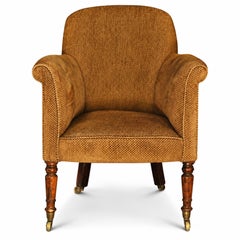 Sedia da vasca William IV del XIX secolo con rotelle in ottone, gambe a sciabola e finitura in ciniglia