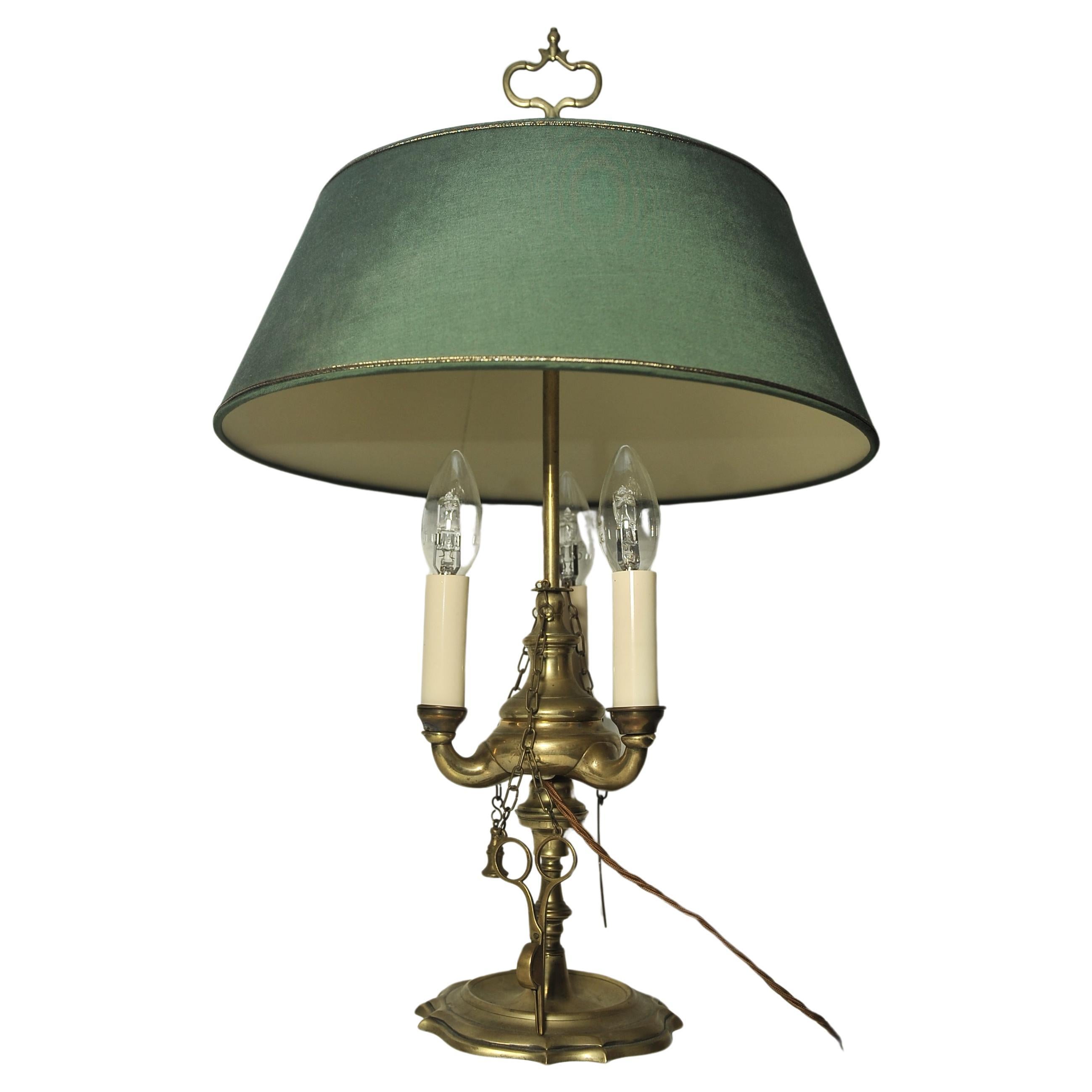A Rare Brass Bouillotte Triple Branch Table Lamp With Height Adjustable Shade  For Sale