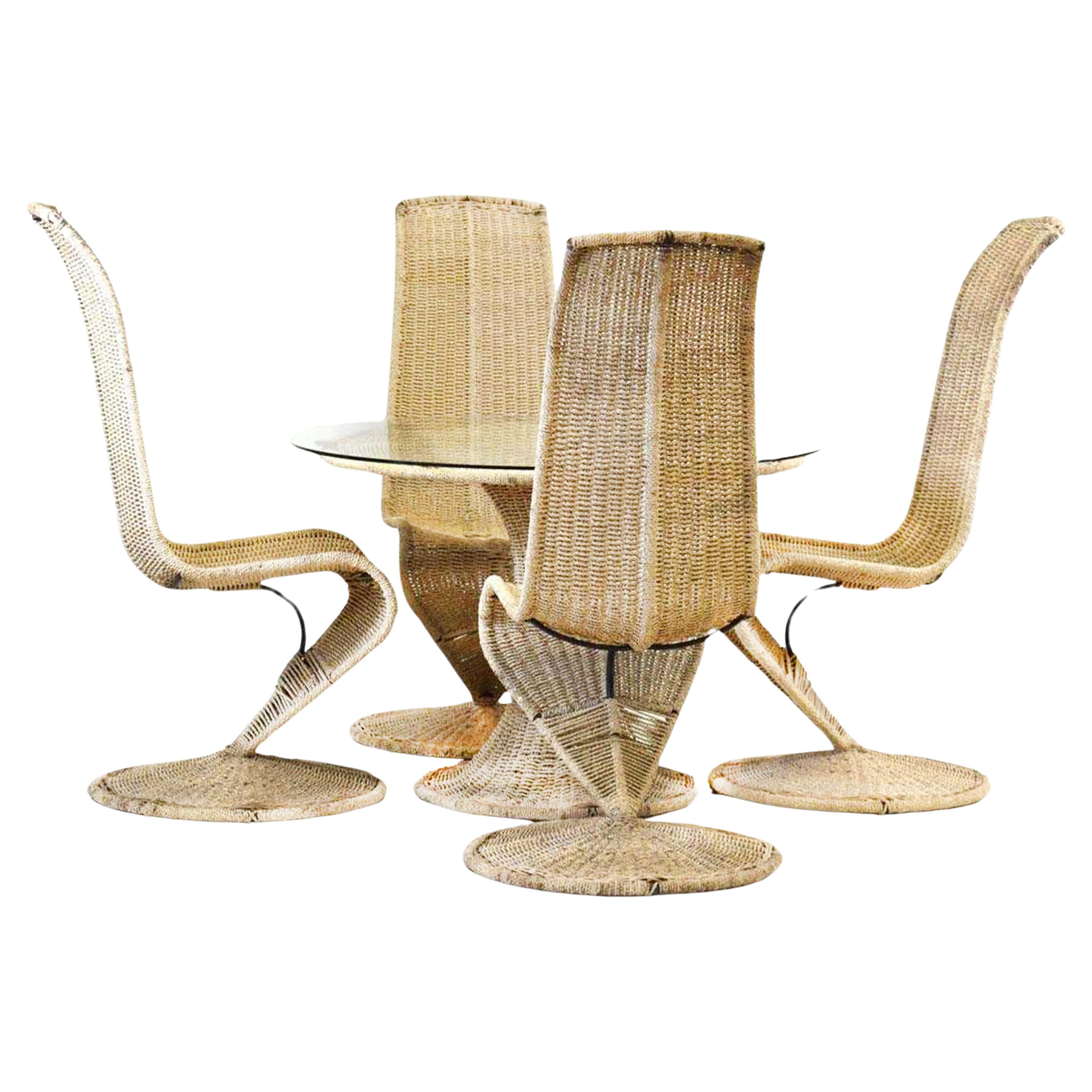 Seltenes Marzio Cecchi-Esstisch-Set mit rundem glasiertem Sockel und vier S-Stühlen