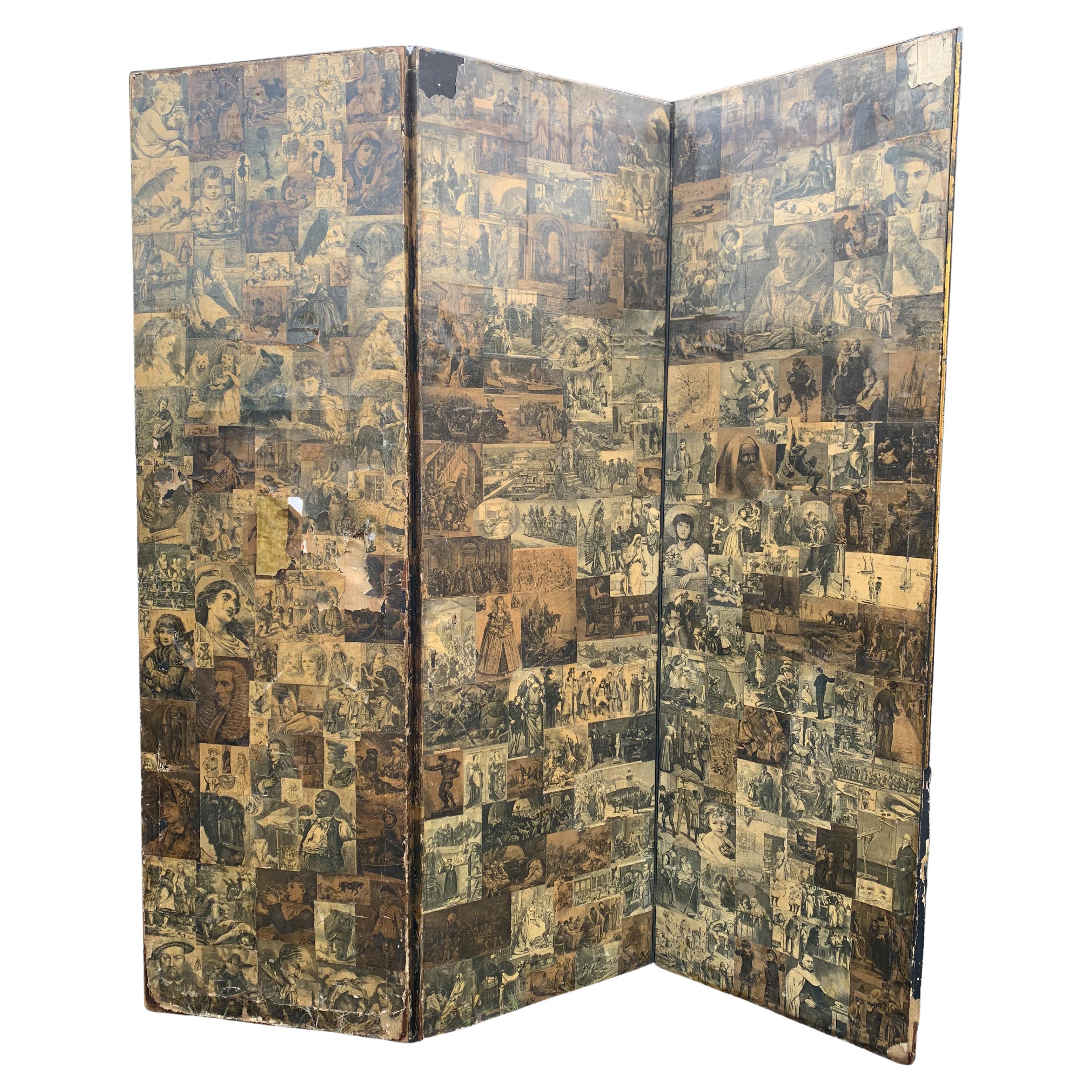 19th Century Victorian 3 Panel Room Divider Decorated With Sepia Decoupage Scenes of The Day For Sale