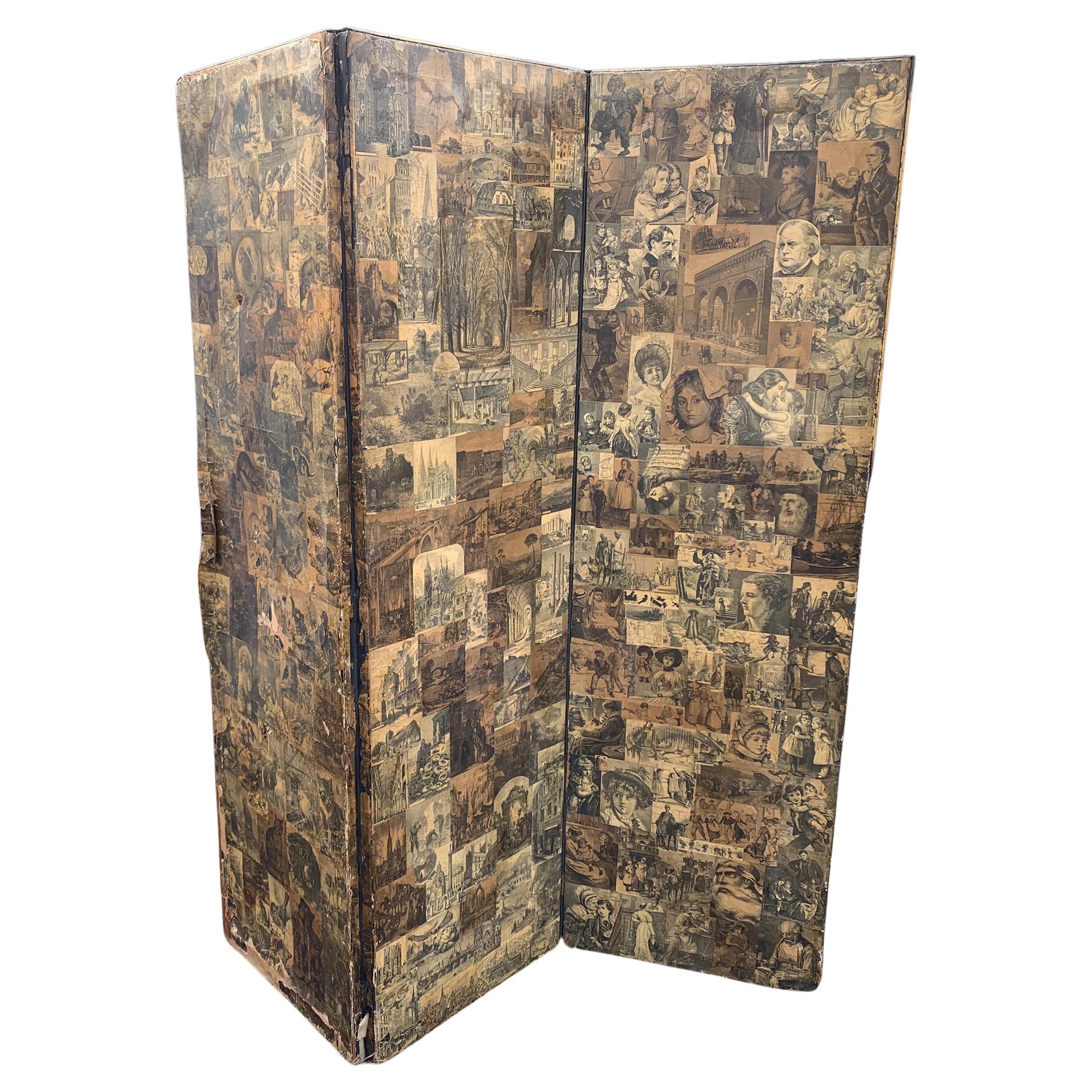British Victorian 3 Panel Room Divider Decorated With Sepia Decoupage Scenes of The Day For Sale