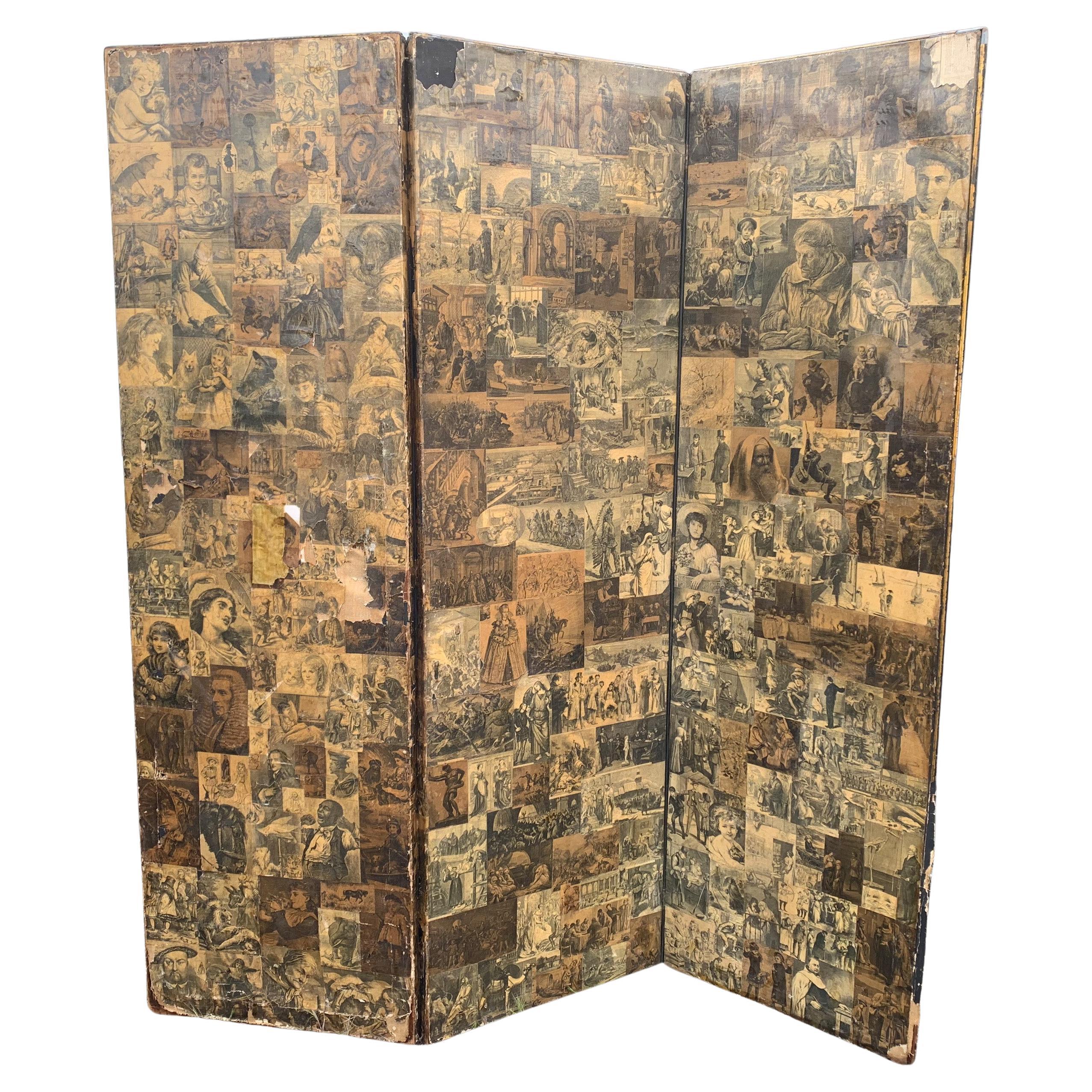 Victorian 3 Panel Room Divider Decorated With Sepia Decoupage Scenes of The Day For Sale