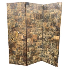 Victorian 3 Panel Room Divider Decorated With Sepia Decoupage Scenes of The Day