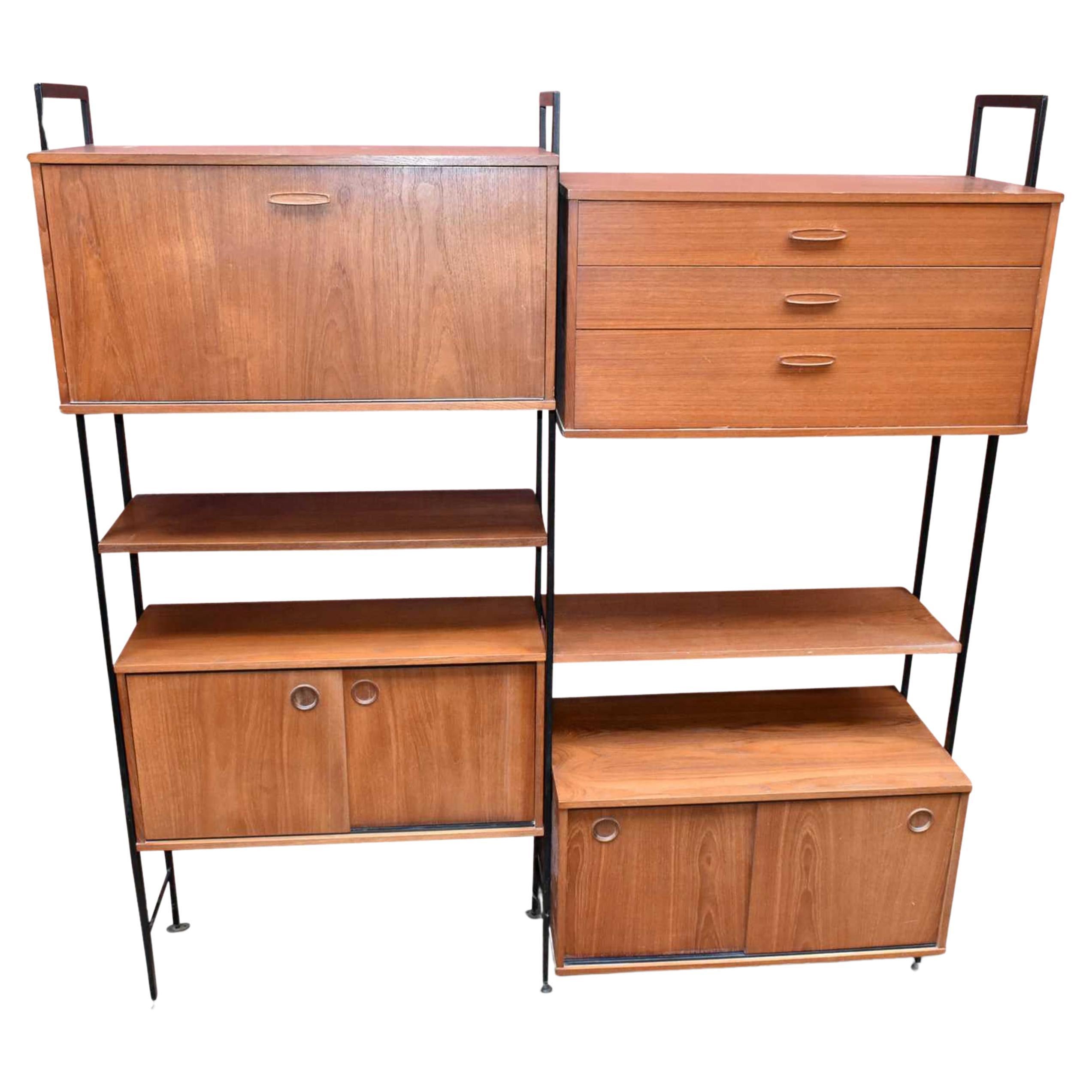 Avalon Modular Teak & Metal Multi Piece Shelving & Cabinet Storage Wall Units For Sale