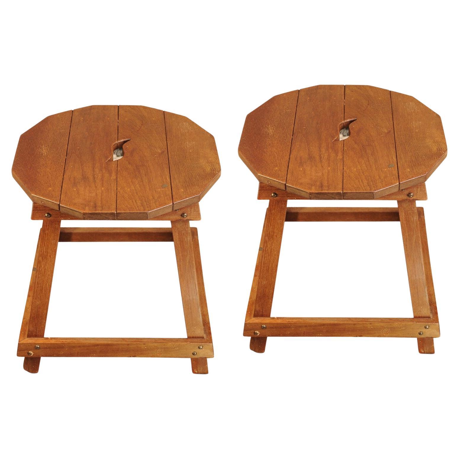 Stunning Pair Of Liberty of London Matching Arts And Crafts Primitive Oak Stools With Carry Handle To Seat. Early 1900's

