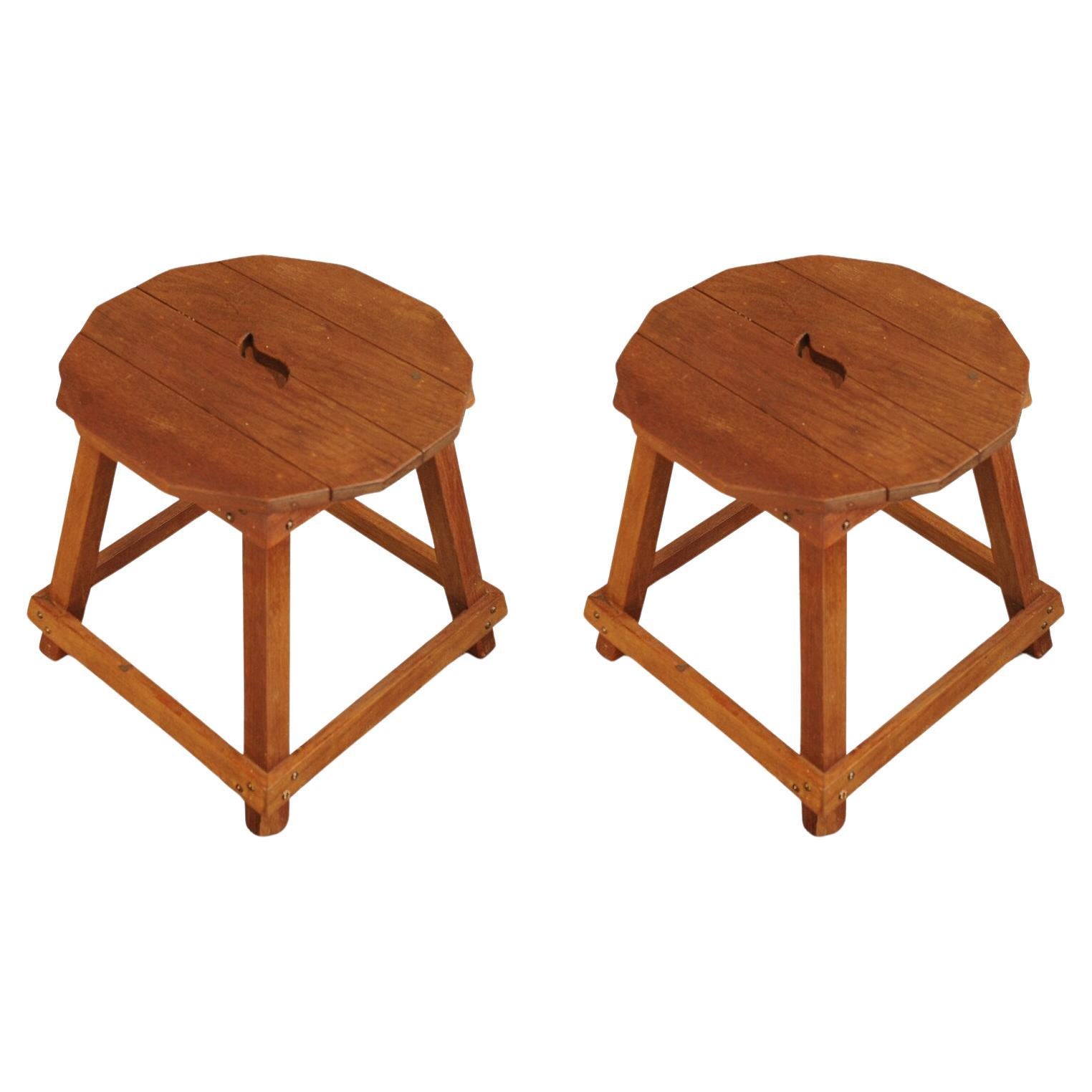 Stunning Pair Of Liberty of London Matching Arts And Crafts Primitive Oak Stools For Sale