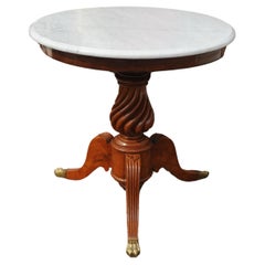 Antique 19th Century Marble Gueridon Table With Turned Wood Column & Brass Paw Feet
