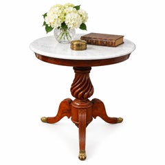 19th Century Marble Gueridon Table With Turned Wood Column & Brass Paw Feet