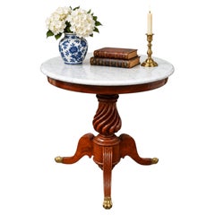 19th Century Marble Gueridon Table With Turned Wood Column & Brass Paw Feet