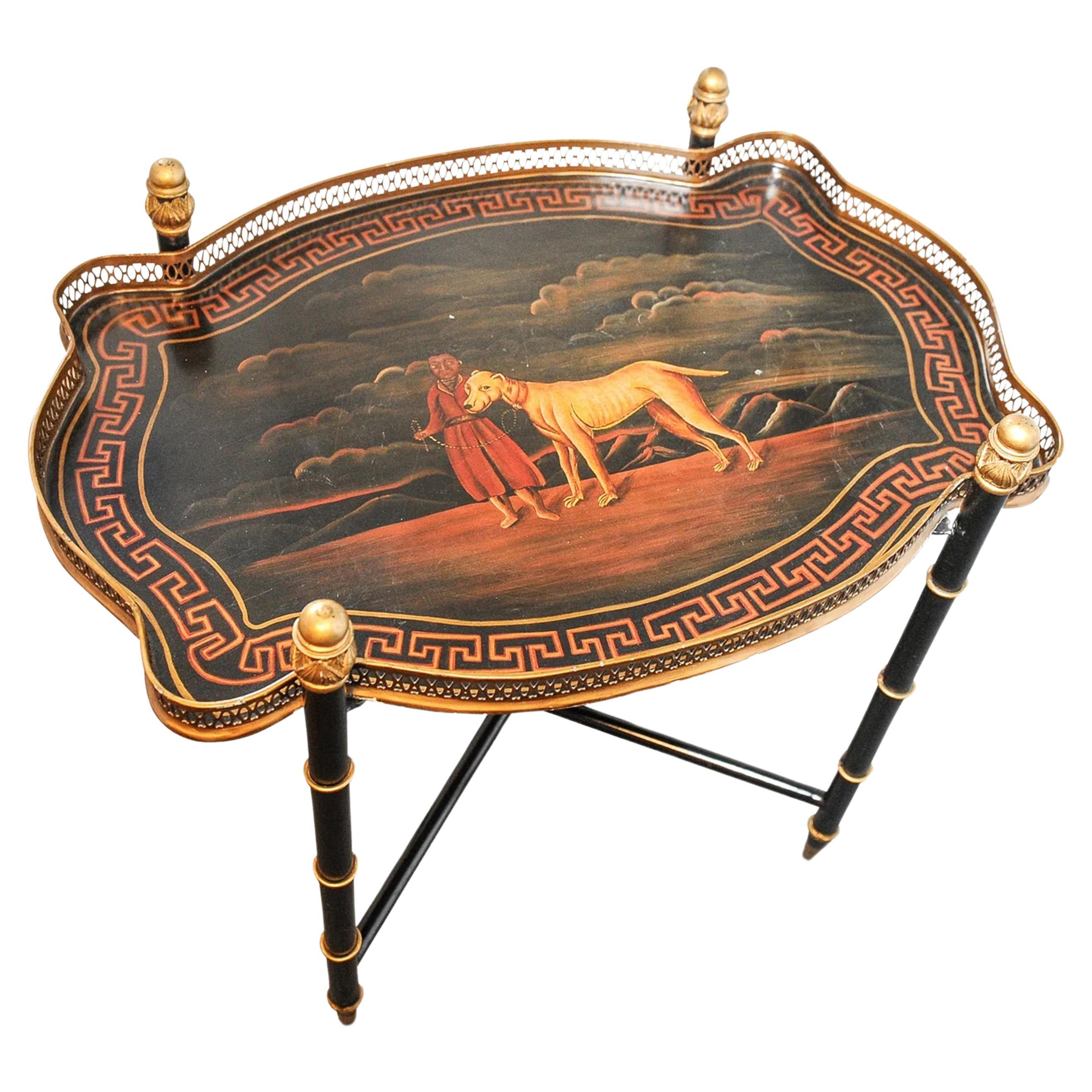 Regency Style Tole Peinte & Gilt Galleried Drinks Tray On X Frame Ebonised Stand For Sale