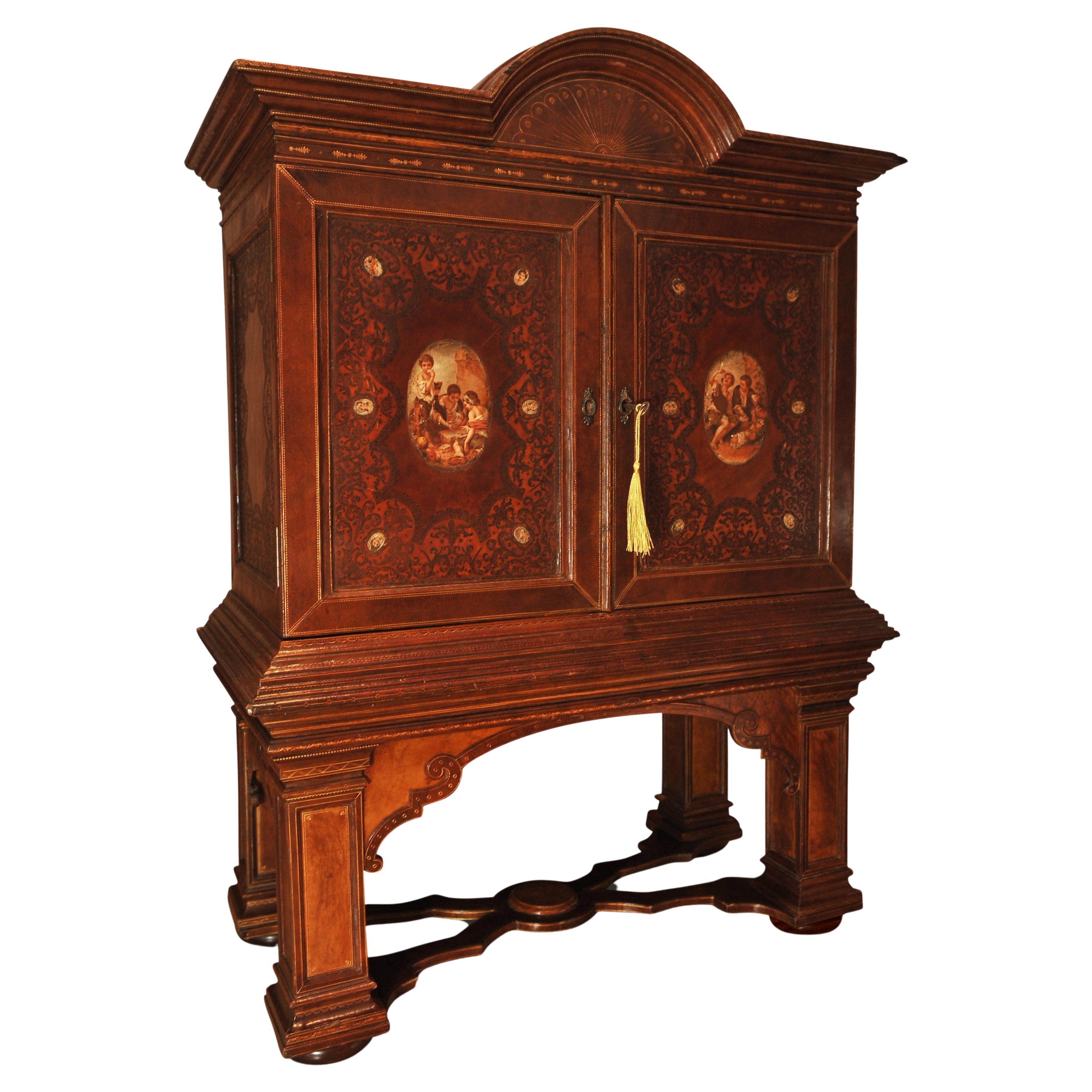 19th Century Italian Renaissance Design Handcrafted Tooled Collectors Cabinet For Sale