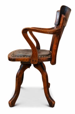 Victorian English Oak & Leather Rail Back Revolving Desk Chair Stud Detailing
