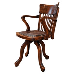 Victorian English Oak & Leather Rail Back Revolving Desk Chair Stud Detailing