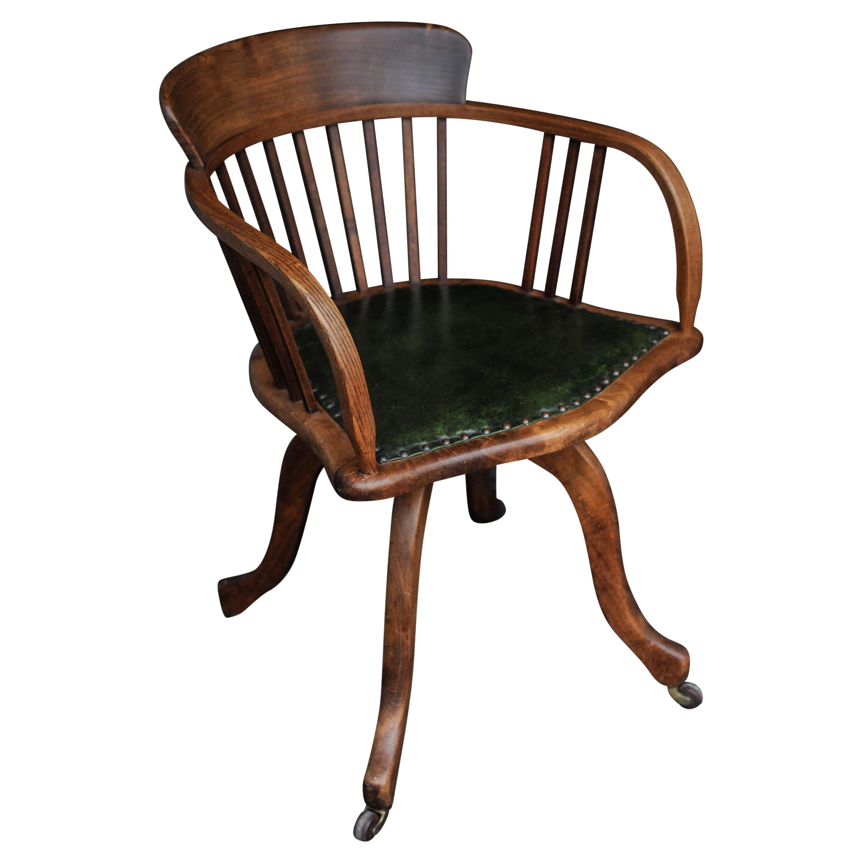 Victorian Oak & Leather Rail Back Revolving Desk Chair With Stud Detailing  For Sale