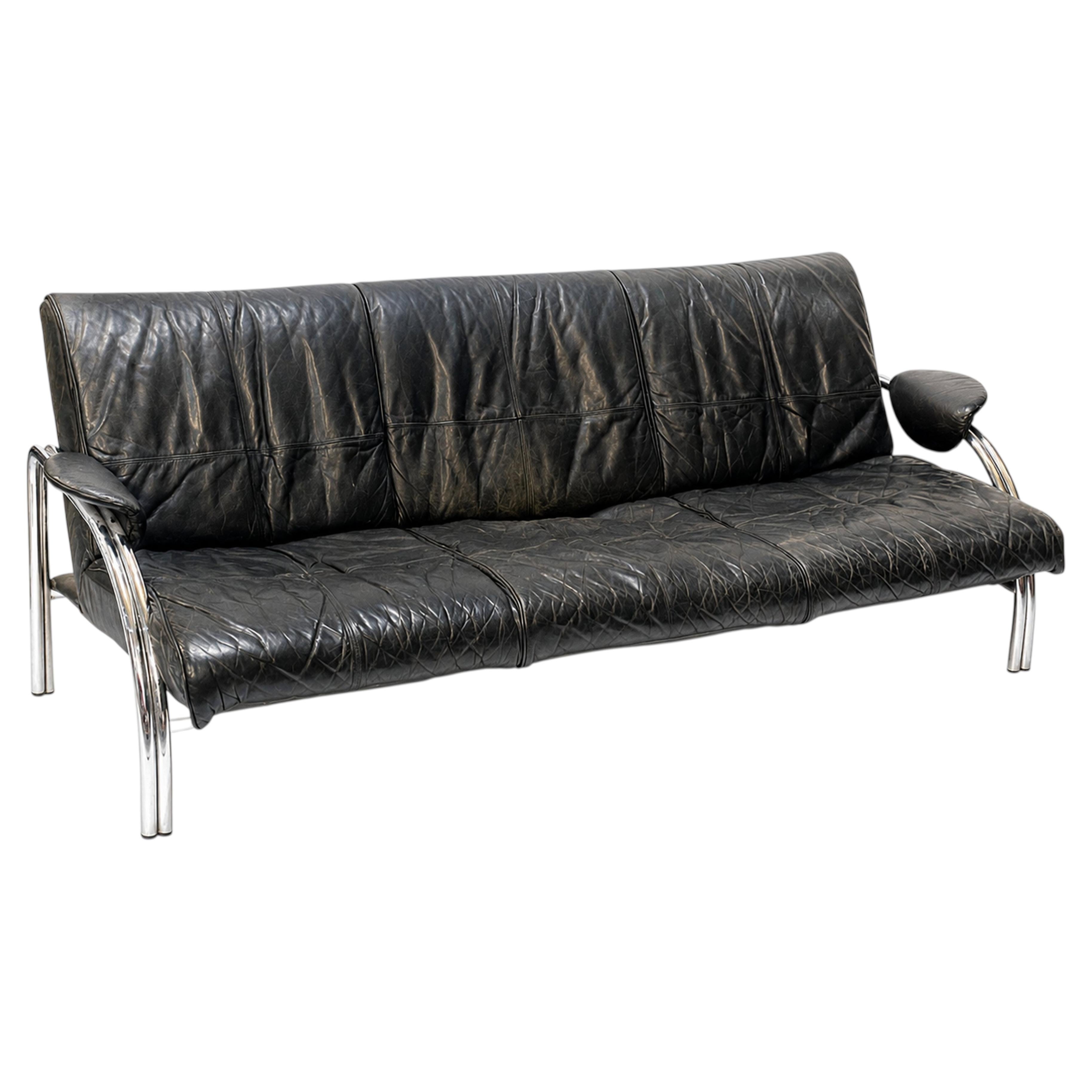 Rare Pieff & Co. Art Deco Design Leather & Chromium Tubular Steel Frame Sofa